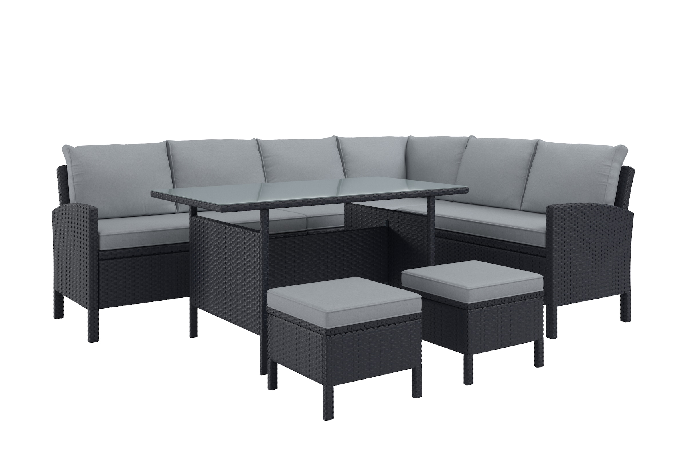 KONIFERA Gartenlounge-Set »»Manhattan««, (Set, 18 tlg., Ecklounge, Tisch 66x120x74 cm, 2 Hocker, inkl. Auflagen), Stahl/Polyrattan