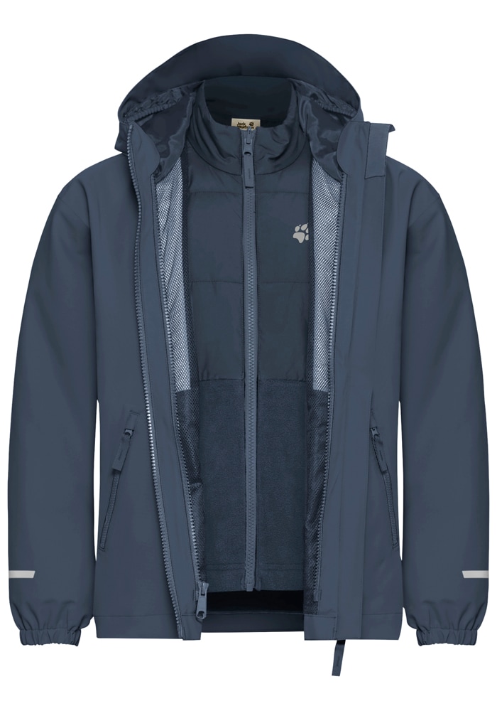 Jack Wolfskin 3-in-1-Funktionsjacke »HYBRID 3IN1 JACKET K« mit Kapuze für Kinder, atmungsaktive Fleece-Innenjacke, wasserdichte Außenjacke