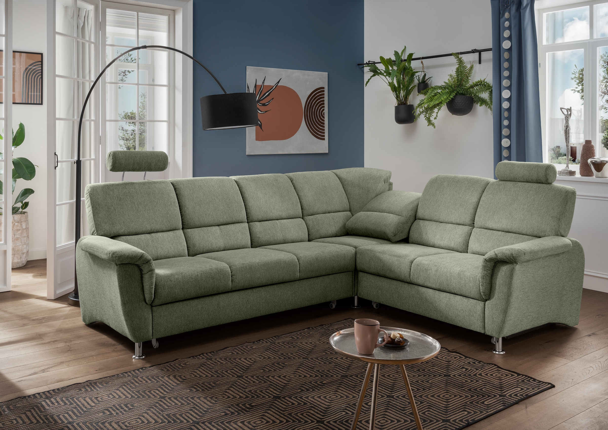 Home affaire Ecksofa »Pisa L-Form, mit Schlaffunktion, Stauraum, 2x höhenverstellbare«, Kopfstützen und Relaxfunktion im Eckelement