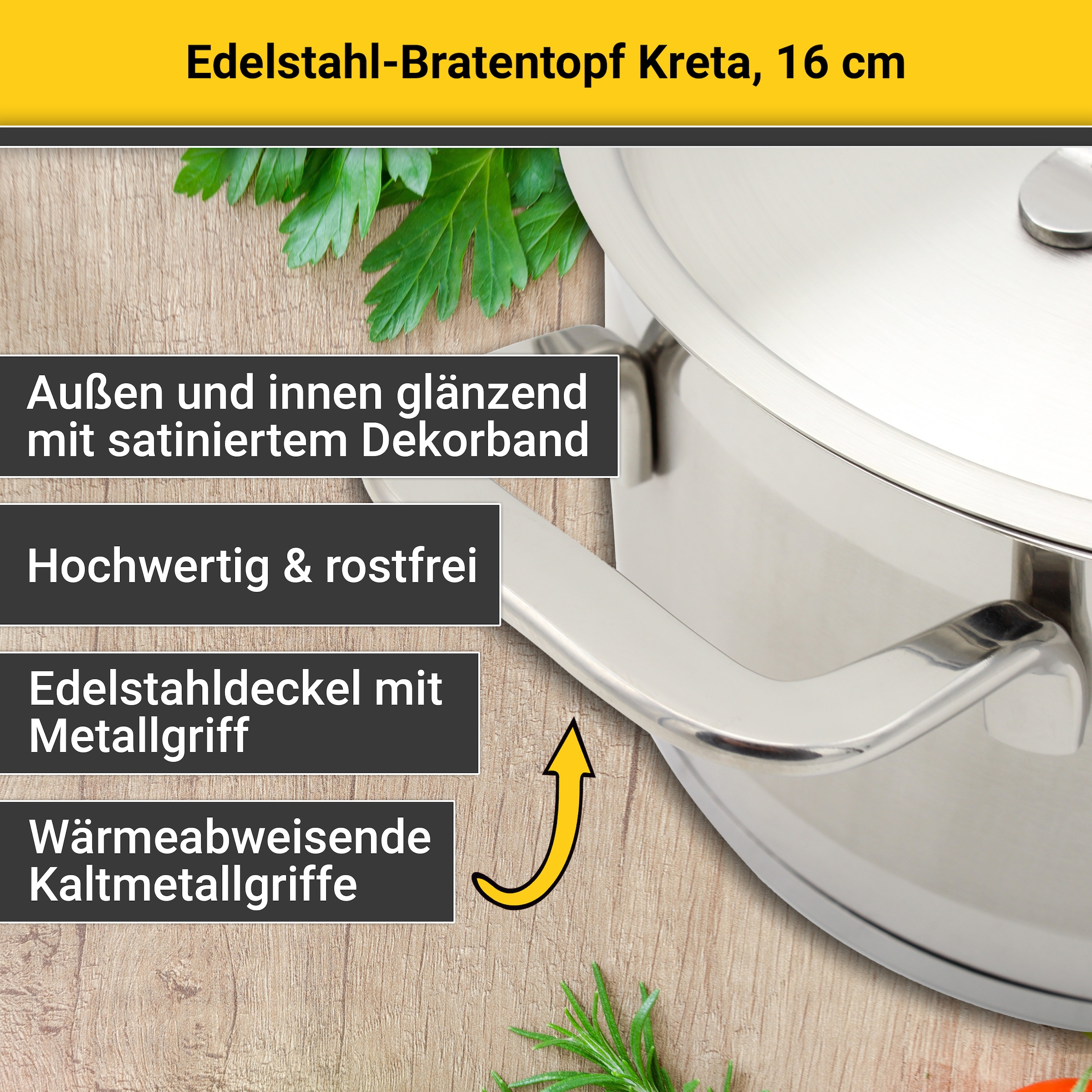 Krüger Bratentopf »Kreta« Edelstahl 18/10 2 Stk. tlg. mit Edelstahldeckel, für Induktions-Kochfelder geeignet