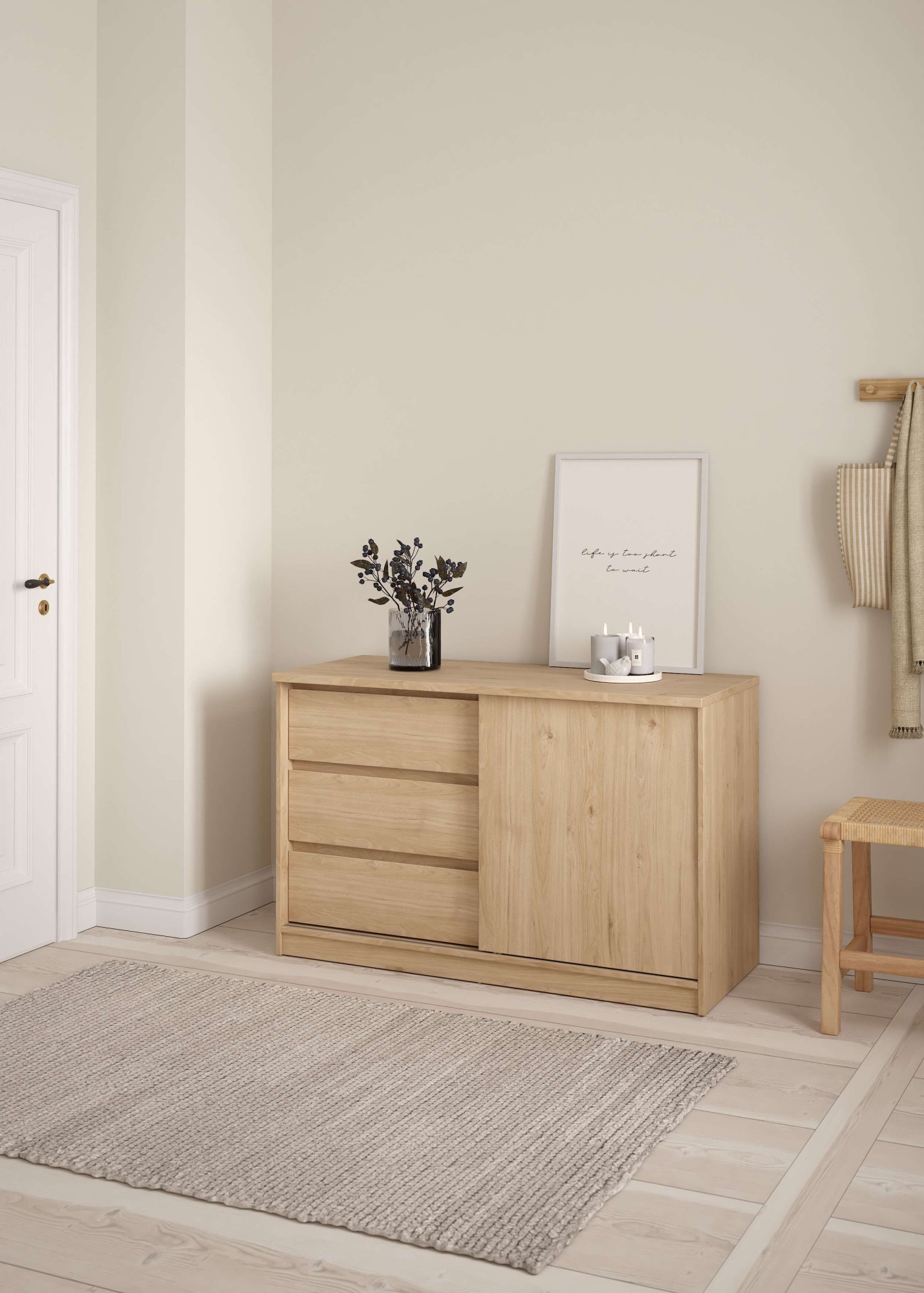 Home affaire Sideboard "Naia Aufbewahrung, Schuhkommode, Stauraumkommode, Schuhschrank," Kommode mit 1 Schiebetür und 3 Schubladen, Breite 119 cm, Höhe 76 cm