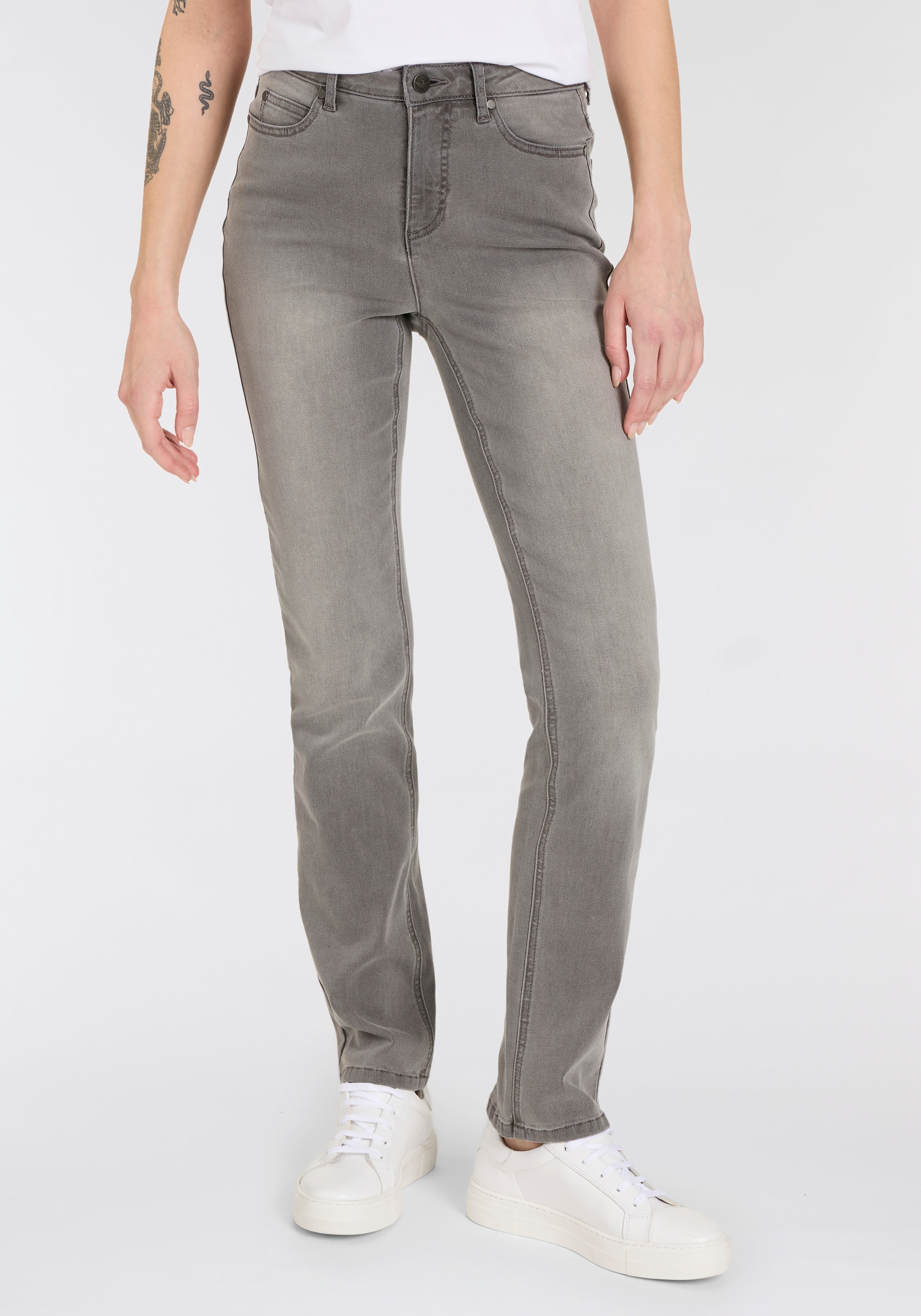 Gerade Jeans ARIZONA "Ultra-Stretch", Damen, Gr. 52, N-Gr, grau (grau used), Denim/Jeans, Obermaterial: 74% Baumwolle, 24% Polyester, 2% Elasthan, unifarben, Basic, gerade lang, Jeans, Used-Look-Waschung, Topseller