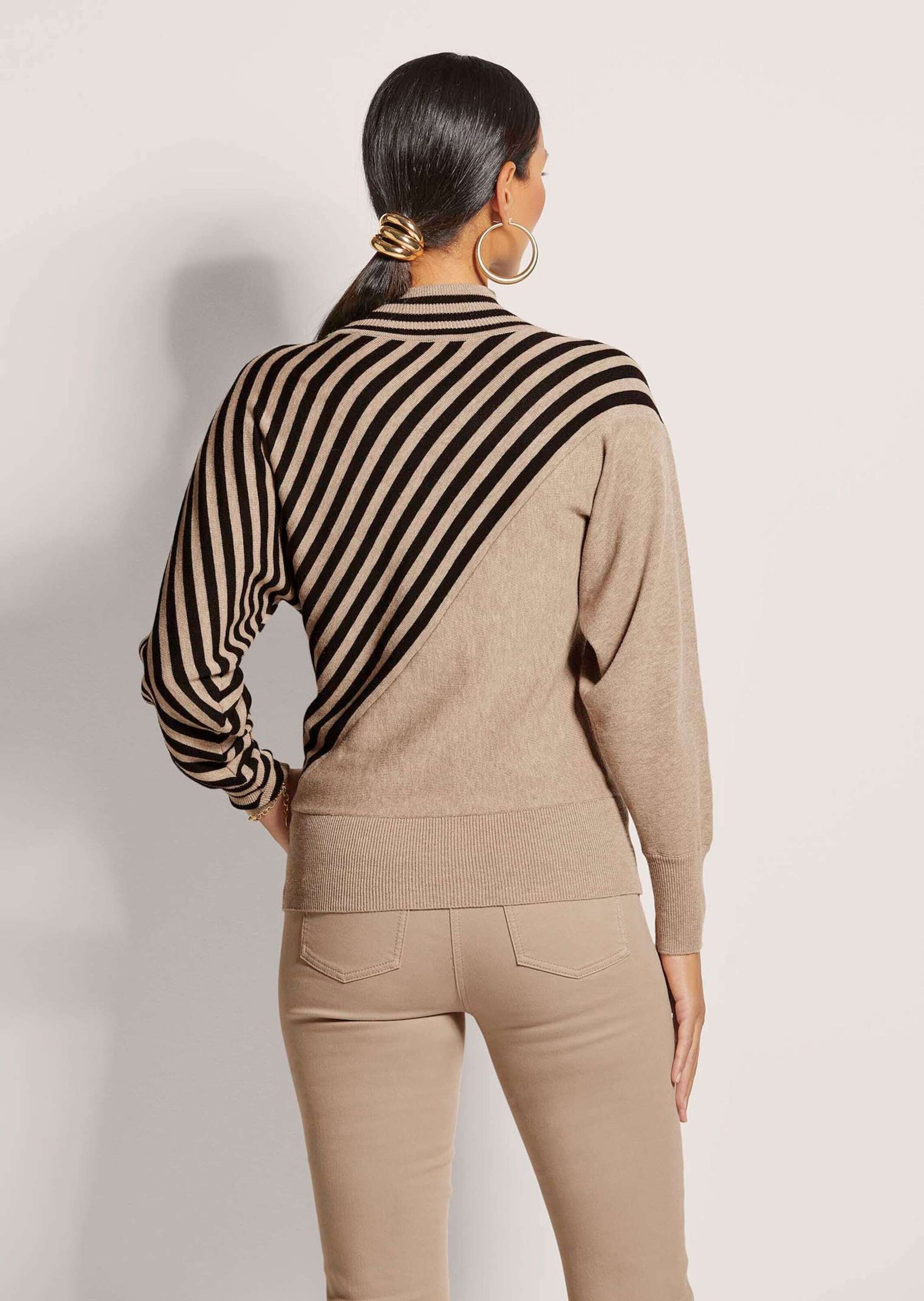 Longpullover MADELEINE "Feinstrickpullover Feinstrickpullover mit Streifenmuster", Damen, Gr. 36/38, schwarz (caramel, schwarz), Obermaterial: 55% Schurwolle WV. 45% Baumwolle CO (CMIA)., Modern, normal, Pullover Longpullover, Kontrast-Ringel 3