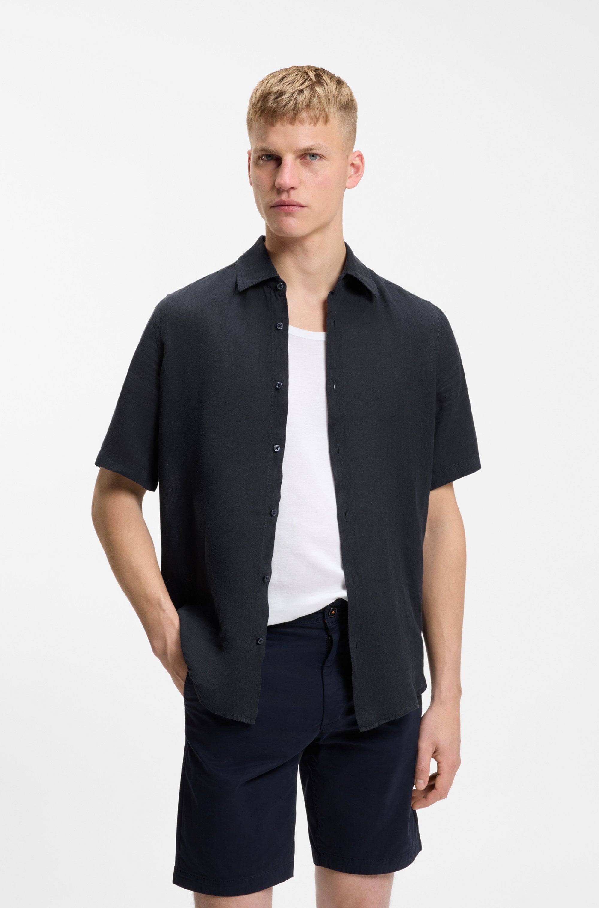 Boss Orange Kurzarmhemd "Rash Premium Herrenmode" Aus Reinem Leinen, Regular Fit