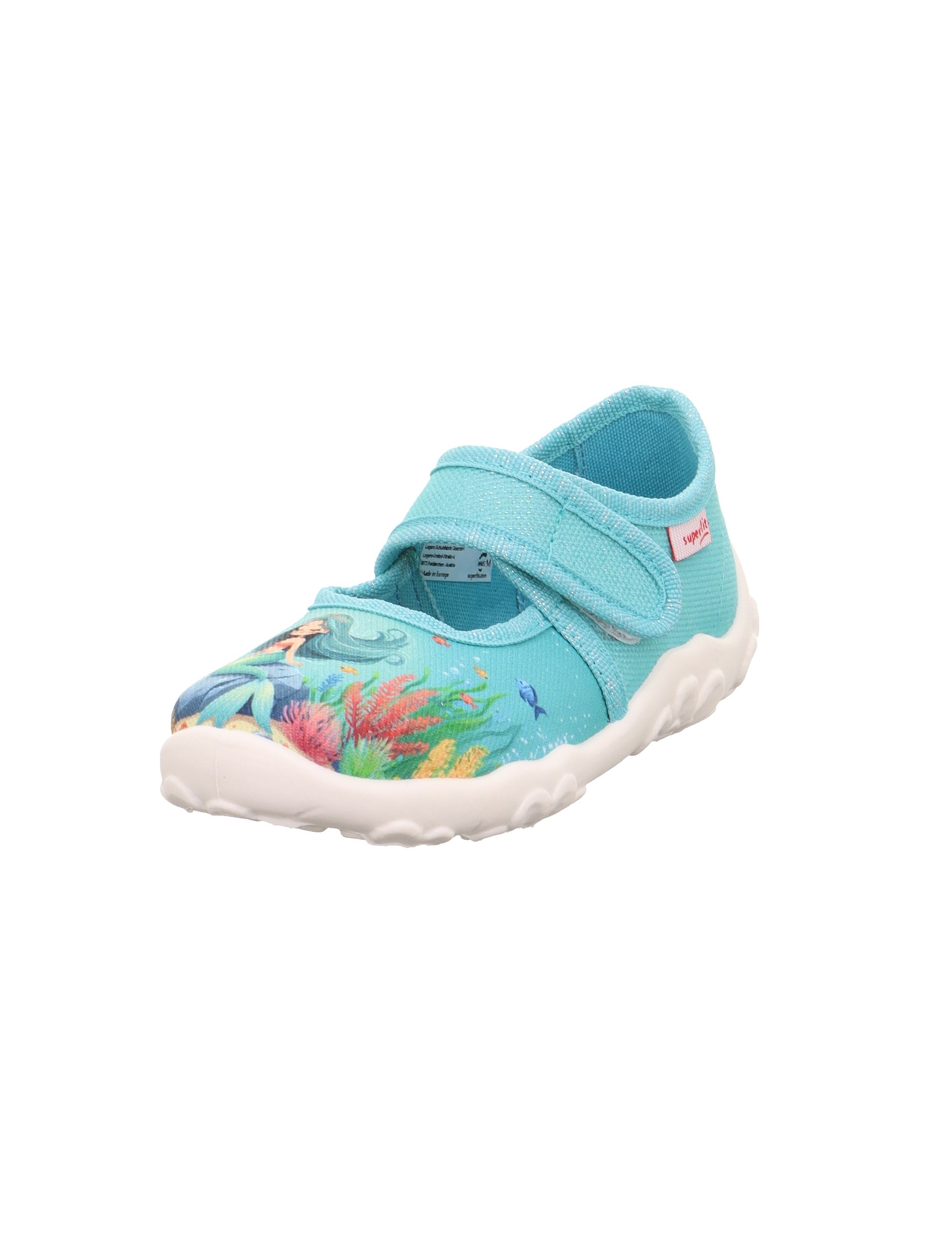SUPERFIT Mädchen Hausschuh "BONNY WMS: mittel", Gr. 28türkis, Baumwolle, bedruckt, Schuhe, Klettschuh, mit Klettverschluss, Größenschablone zum