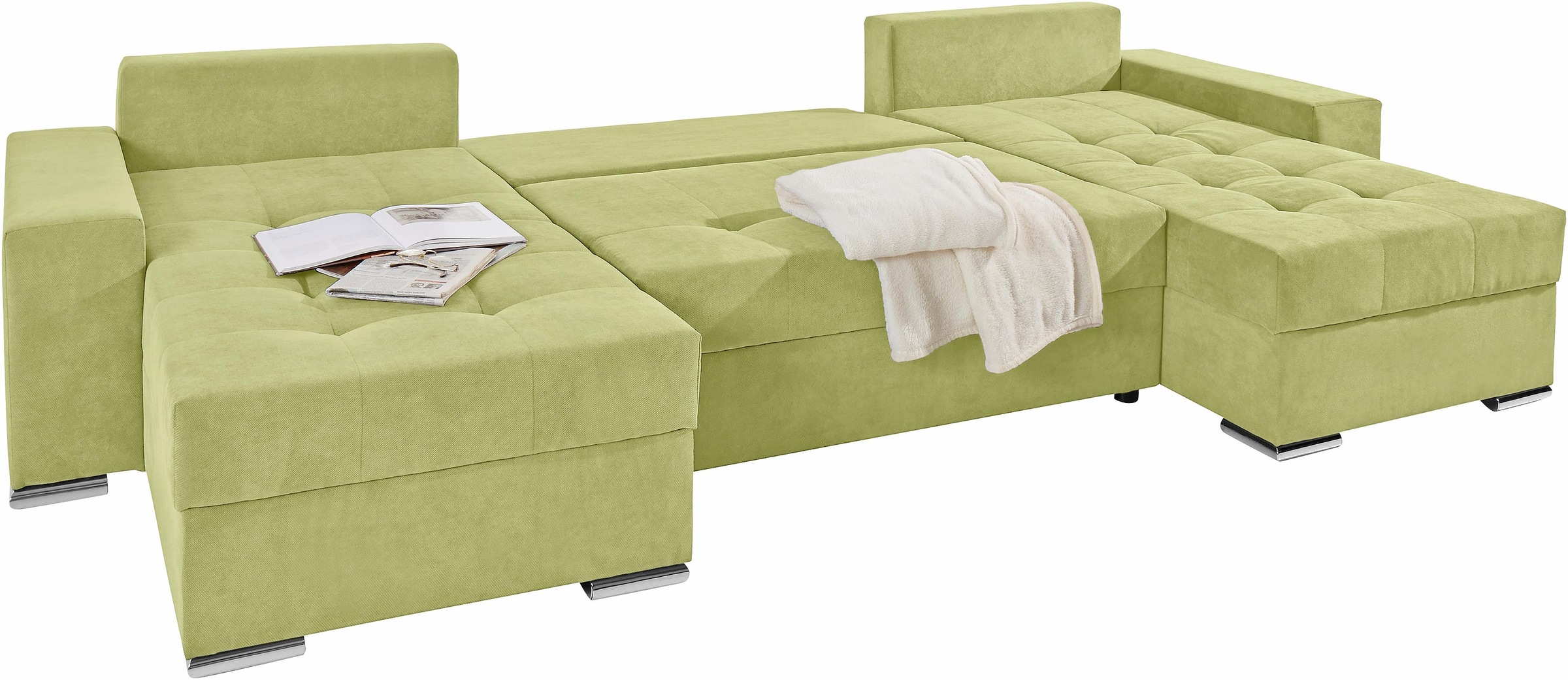 COLLECTION AB Wohnlandschaft »XL-Josy U-Form, Breite 313 cm, Flachgewebe, Struktur, Kunstleder«, inkl. Bettfunktion, Bettkasten, mit 4 gleich großen Rückenkissen