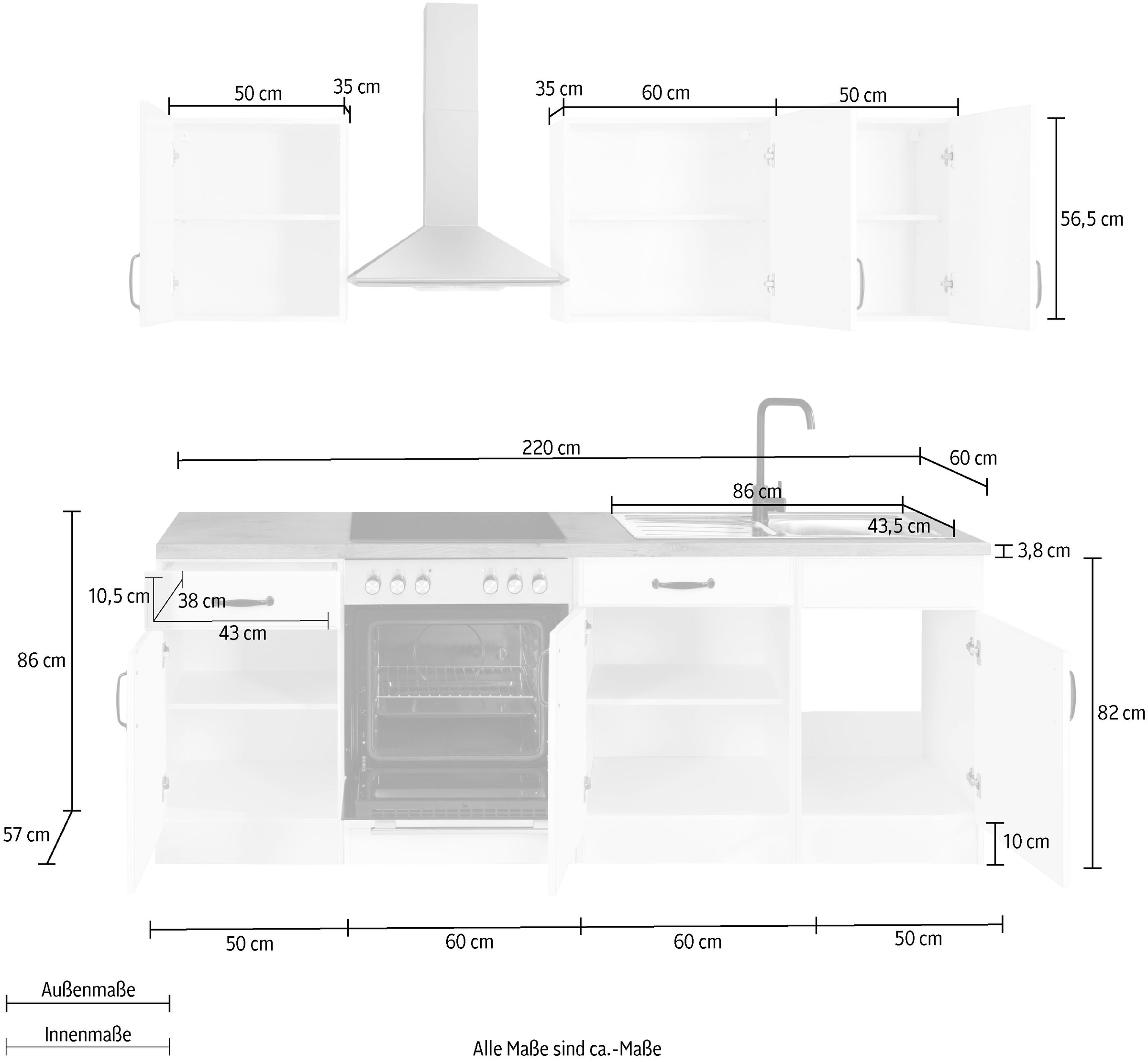 wiho Küchen Küchenzeile »Erla«, ohne E-Geräte, Breite 220 cm