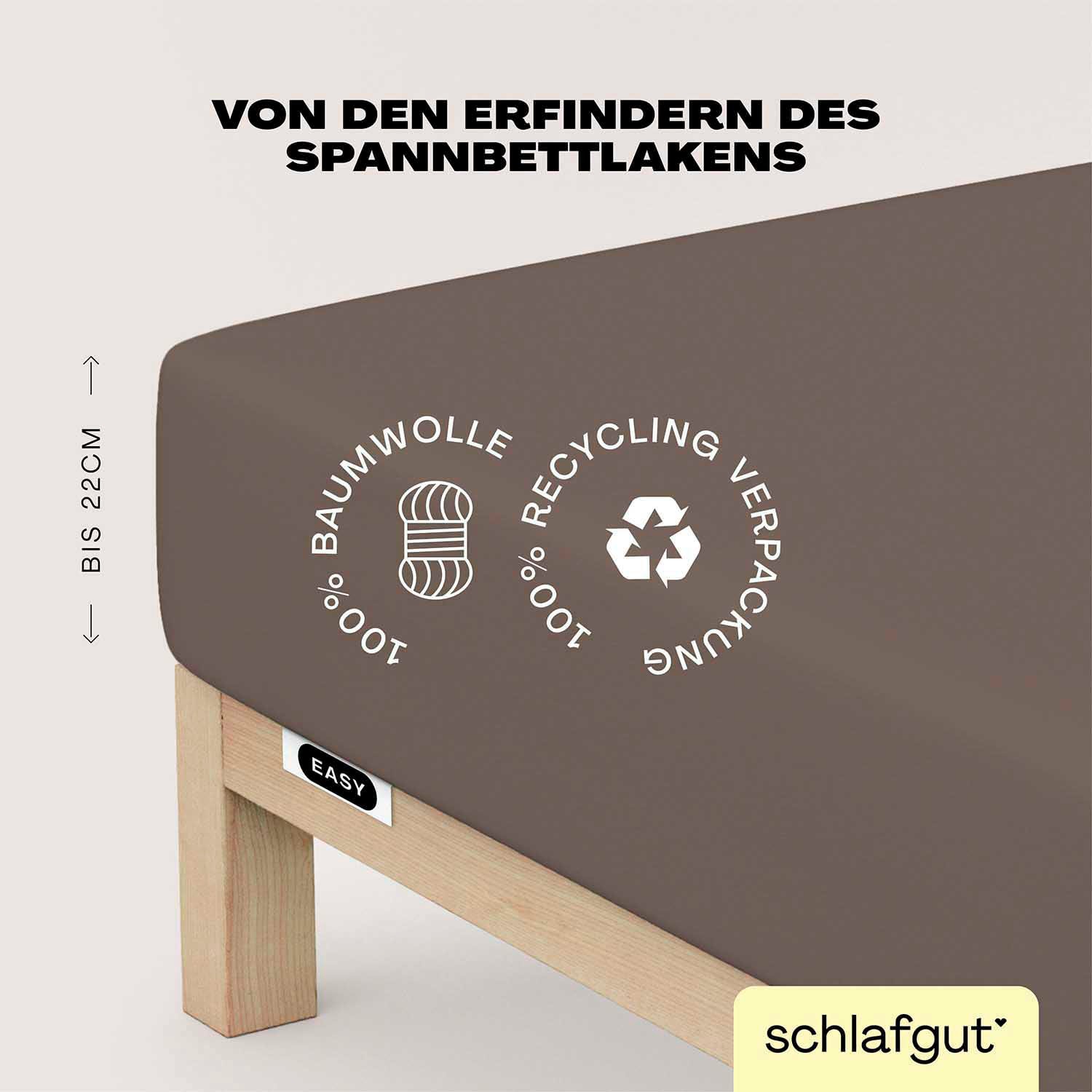 Schlafgut Spannbettlaken "EASY JERSEY Bettlaken, 150 g/m², 100% Baumwolle, Spannbetttuch" Spannbettlaken bis 22 cm Höhe, bügelfrei, pflegeleicht, perfekter Sitz