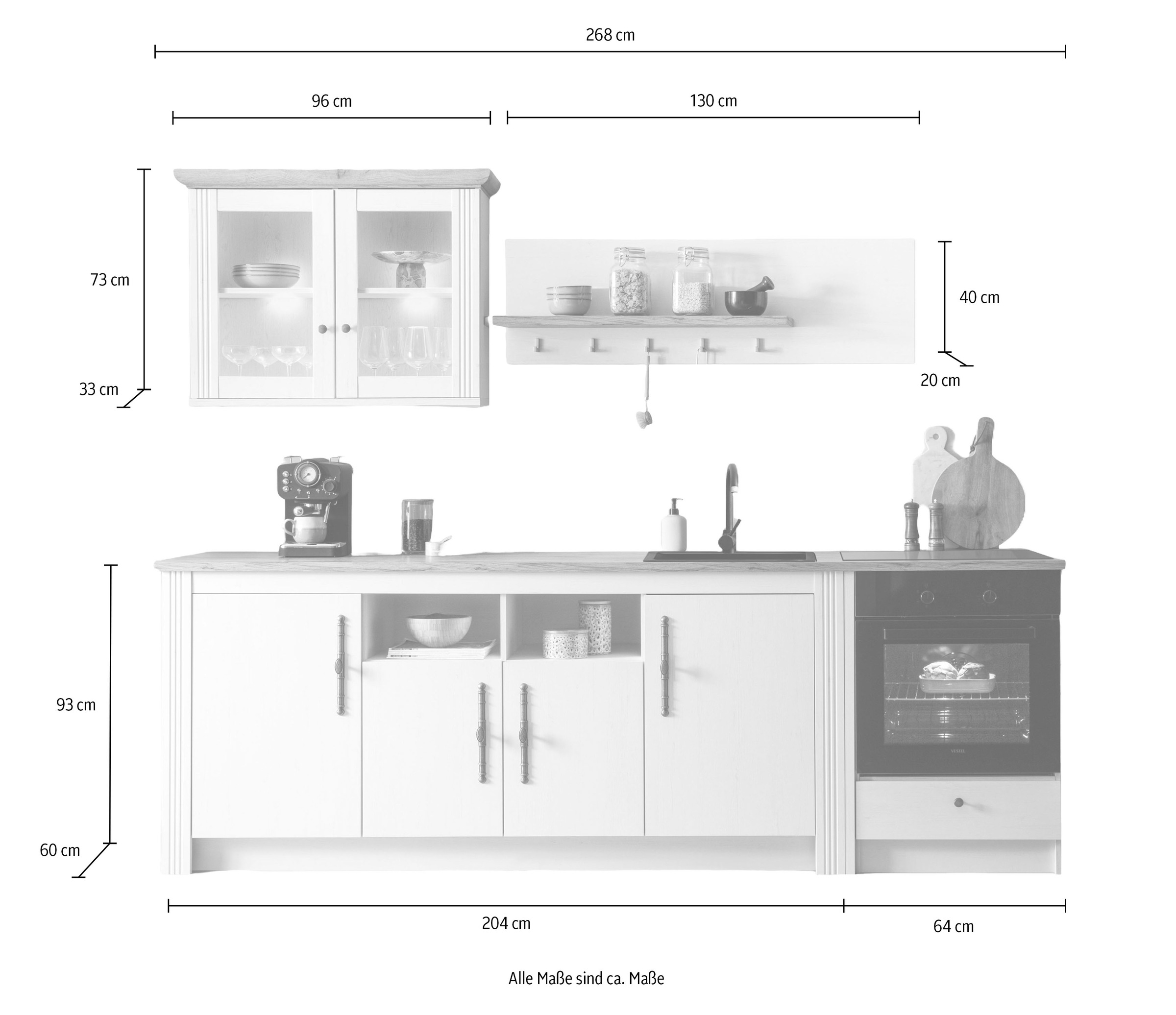 KOCHSTATION Küchenzeile »KS-Westminster, Pantryküche im Landhaus Stil, hochwertige Metallgriffe«, (Set), Breite 268 cm, Sideboard, Wandpaneel, Hängeschrank und Herdumbau