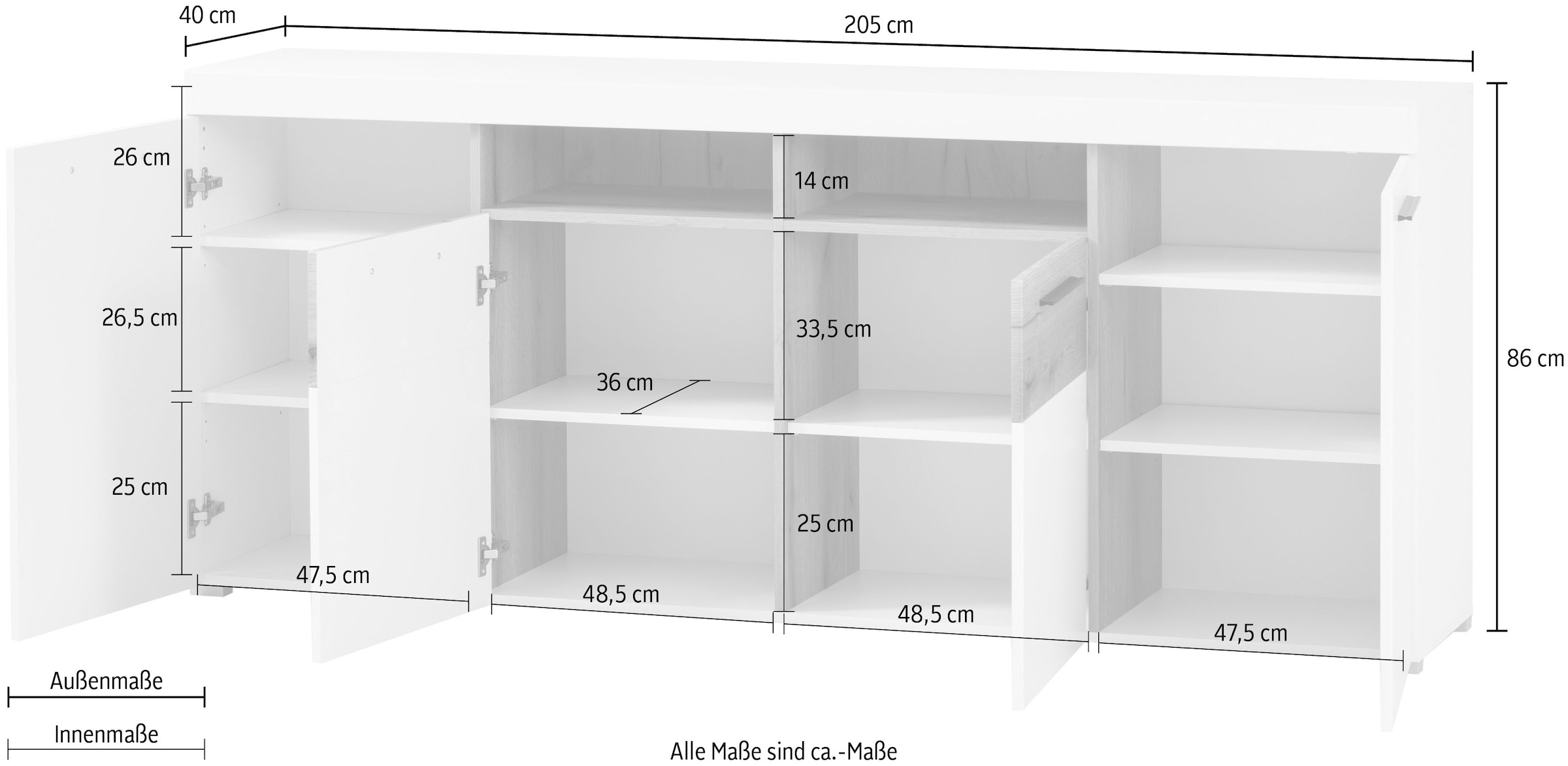 INOSIGN Sideboard »Salerno, moderner Schrank, Highboard in Weiß mit Eiche Evoke Dekor«, Metallgriffe, ausreichend Stauraum, vielseitig einsetzbar, 205cm breit