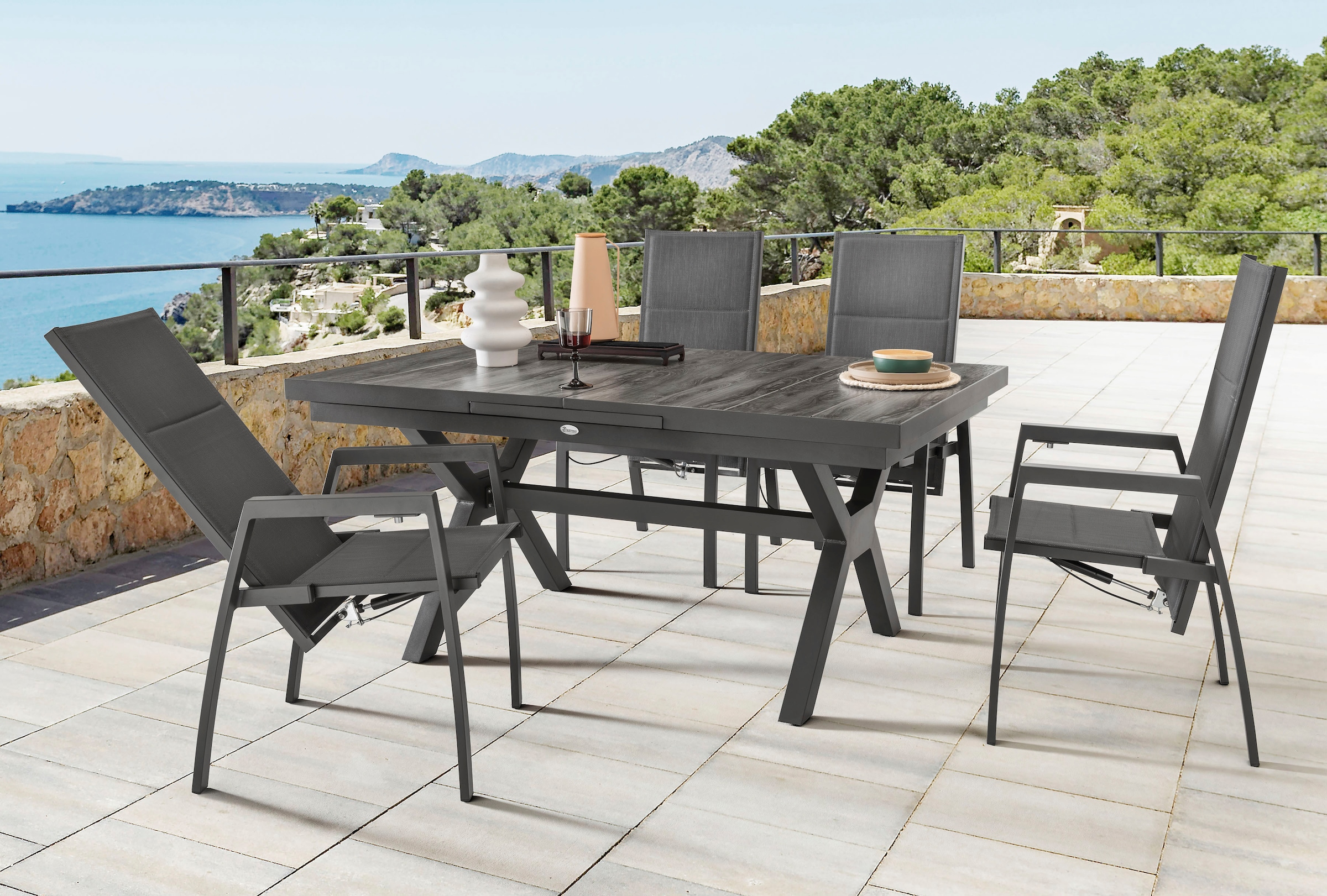 Destiny Garten-Essgruppe "COSTA GARDA 4 HL + Ausziehtisch 160/210x100cm, anthrazit" Set, 9 Stk. tlg. Aluminium, Textilene, Keramikplatten
