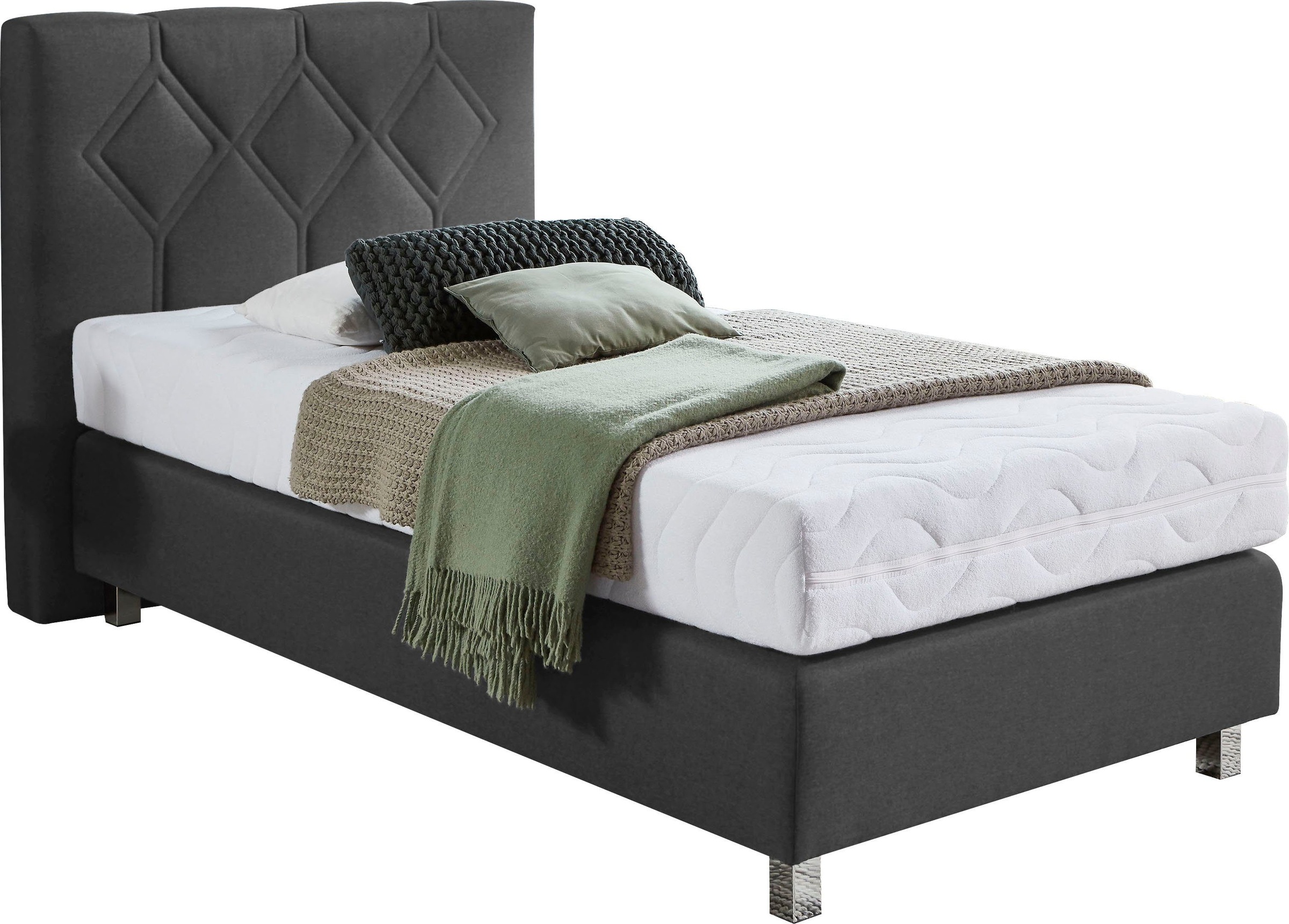 Boxspringbett "Phönix", grau (anthrazit), B:135cm L:210cm, Bezug Bett: Microvelours (100% Polyester) oder Feinstruktur (100% Polyester);Bezug Bonnell-Federkernmatratze: 100% Polyester;Bezug Kaltschaummatratze: 100% Polyester;Bezug Tonnentaschenfederkernma