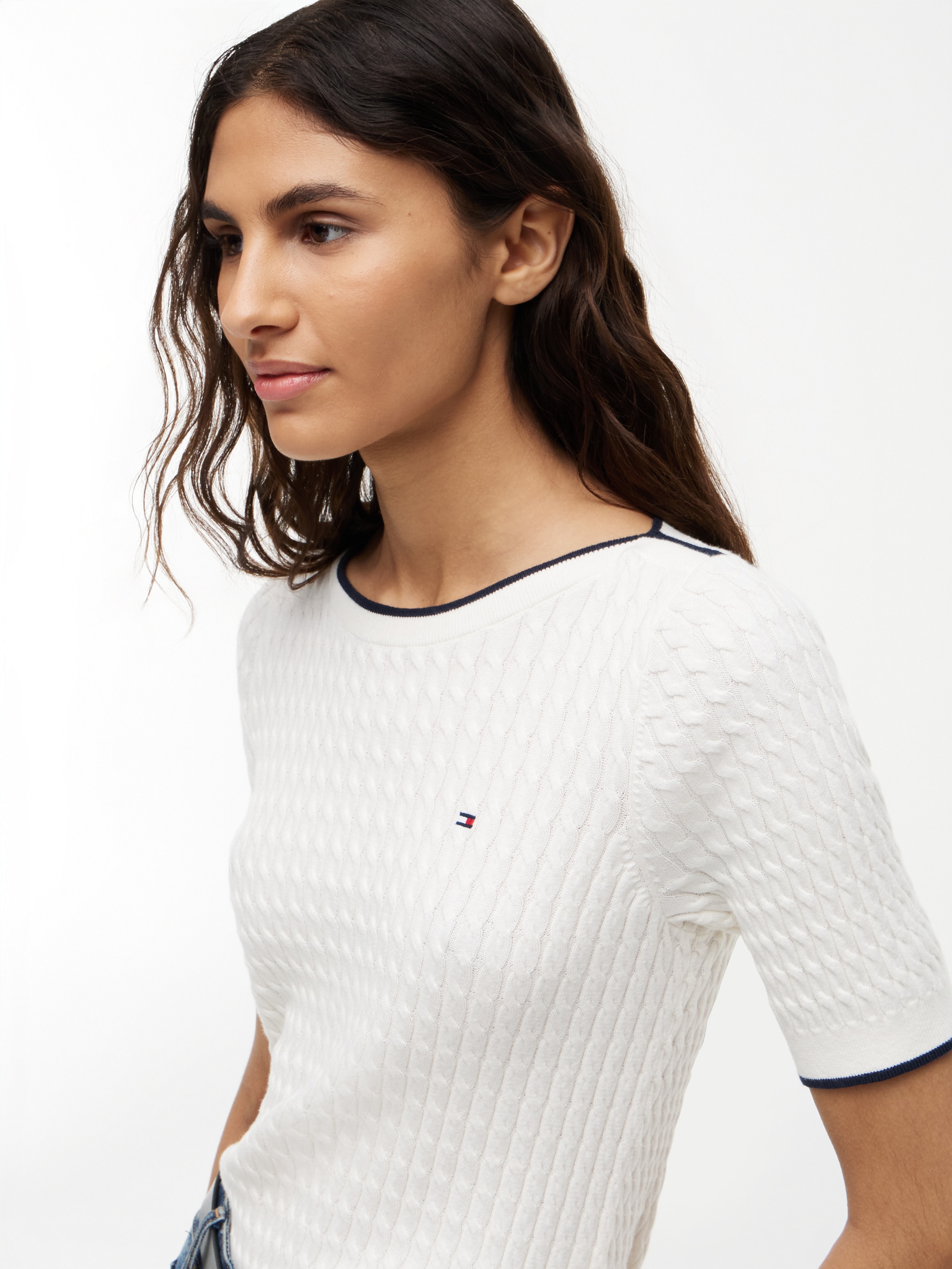 Tommy Hilfiger Kurzarmpullover »FINE GG CABLE BOAT NK S/S« Baumwolle, mit Zopfstrickmuster