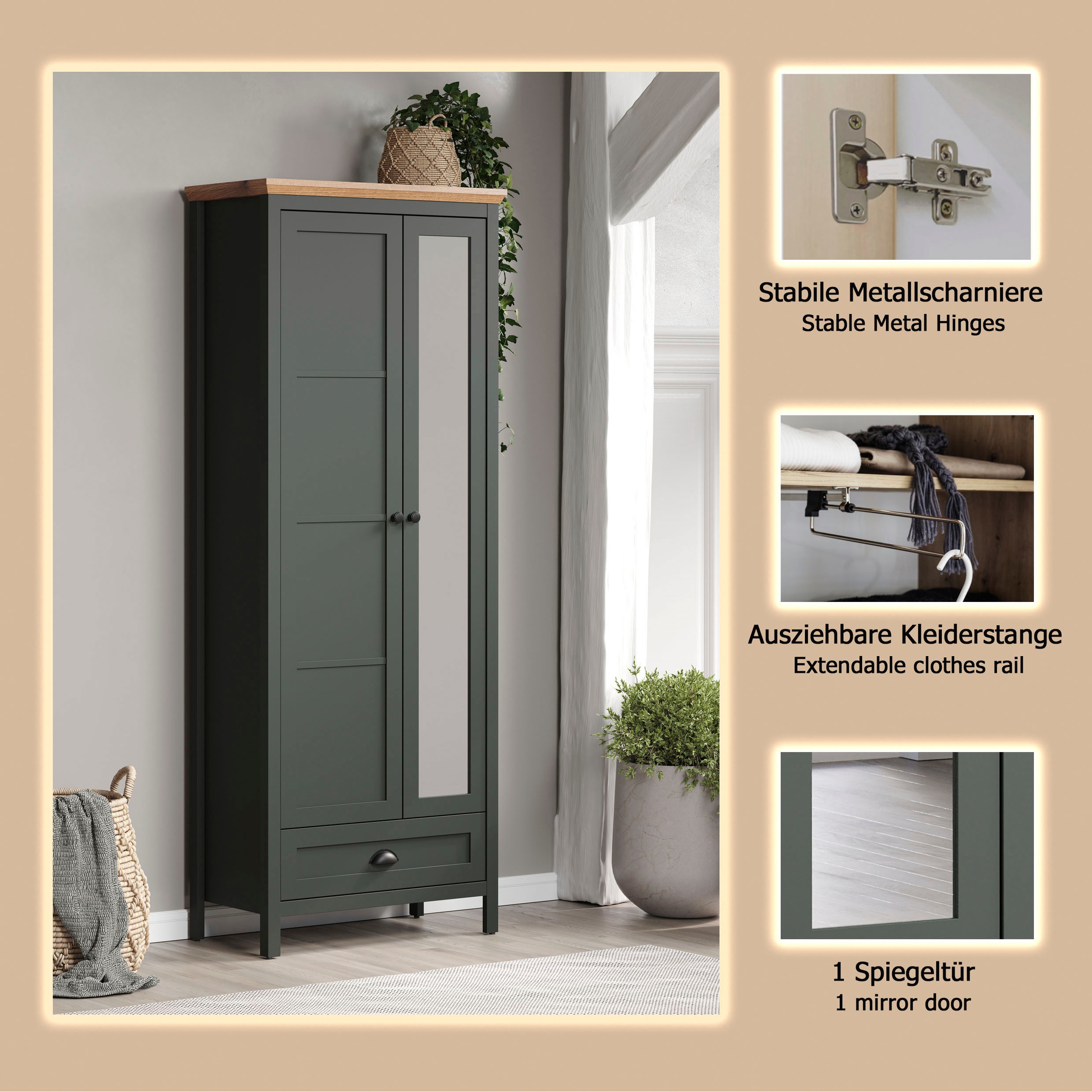 Home affaire Garderobenschrank »Vienna« 1 Stk. tlg. Garderobenschrank, 2 Türen, 1 Schubkasten & Vollauszug 77/39/198 cm