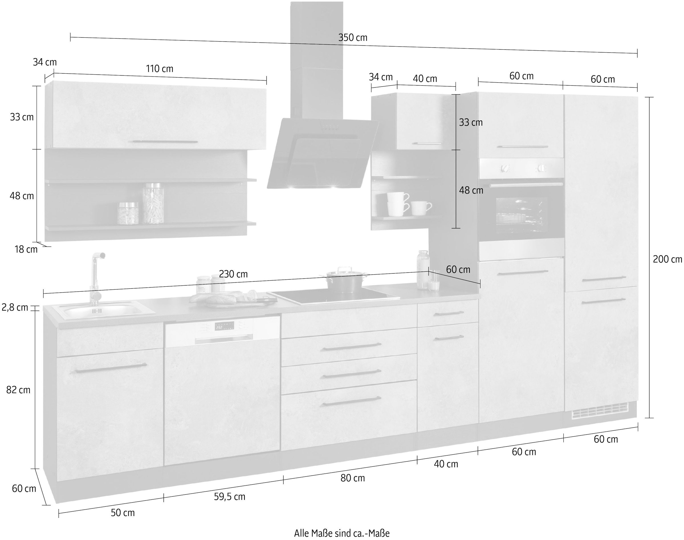 KOCHSTATION Küchenzeile »KS-Tulsa«, ohne E-Geräte, Breite 350 cm, schwarze Metallgriffe, MDF Fronten