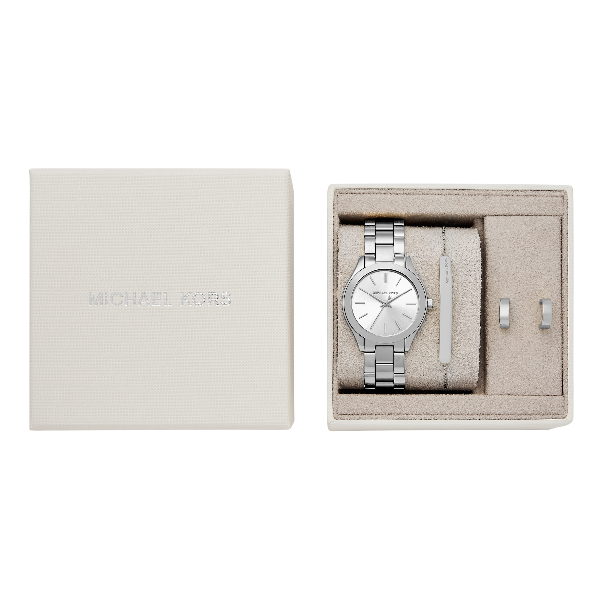 MICHAEL KORS Quarzuhr »SLIM RUNWAY«, (Set, 4 tlg., mit Armband und 1 Paar Steckcreolen), Armbanduhr, Damenuhr, Edelstahlarmband, Ideal auch als Geschenk