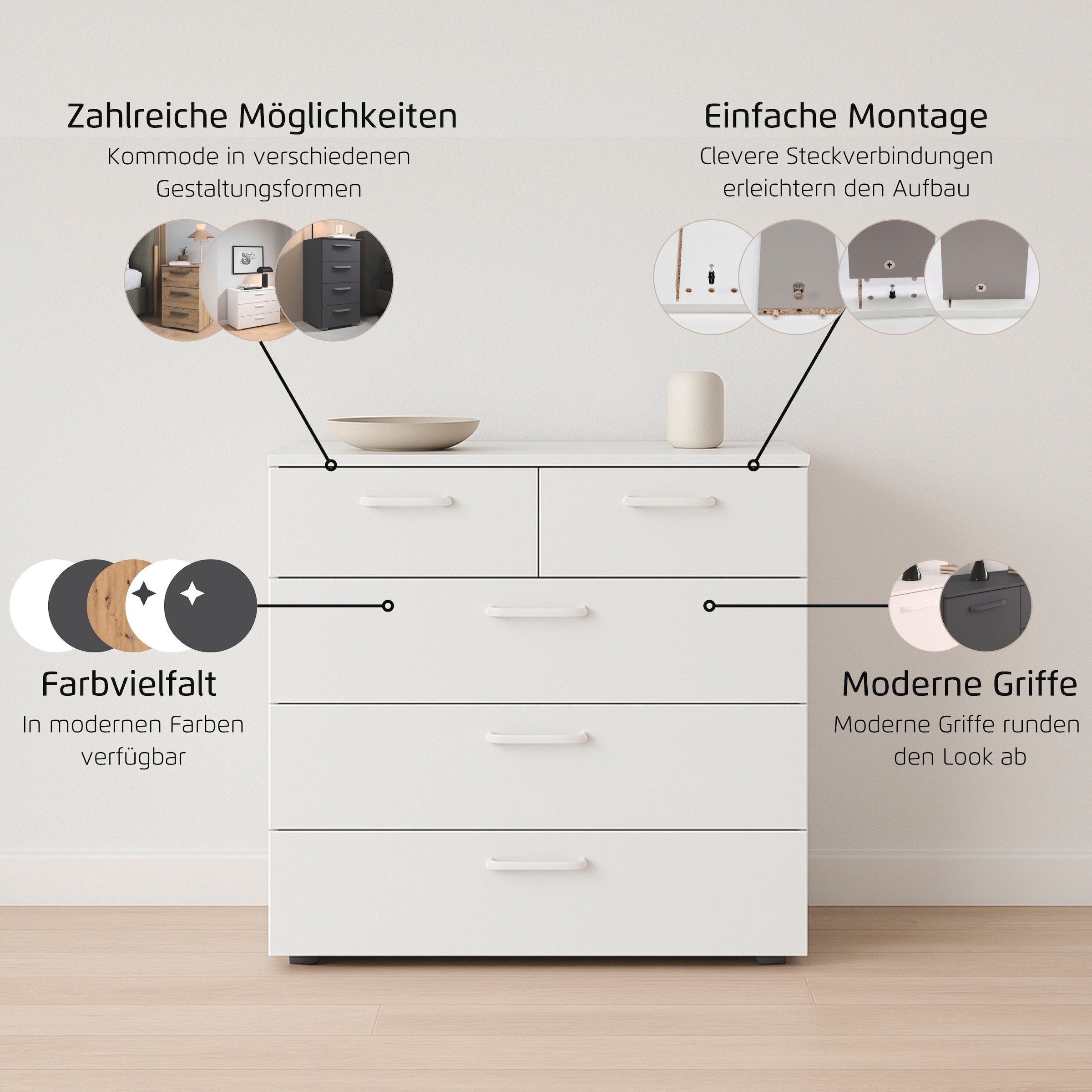 rauch Schubkastenkommode »Sideboard Schubladenkommode OTELI mit Dekor- und Hochglanzfront« Breite 80 cm inkl. Soft-Close-Funktion,  mit 5 geräumigen Schubladen für viel Stauraum MADE IN GERMANY