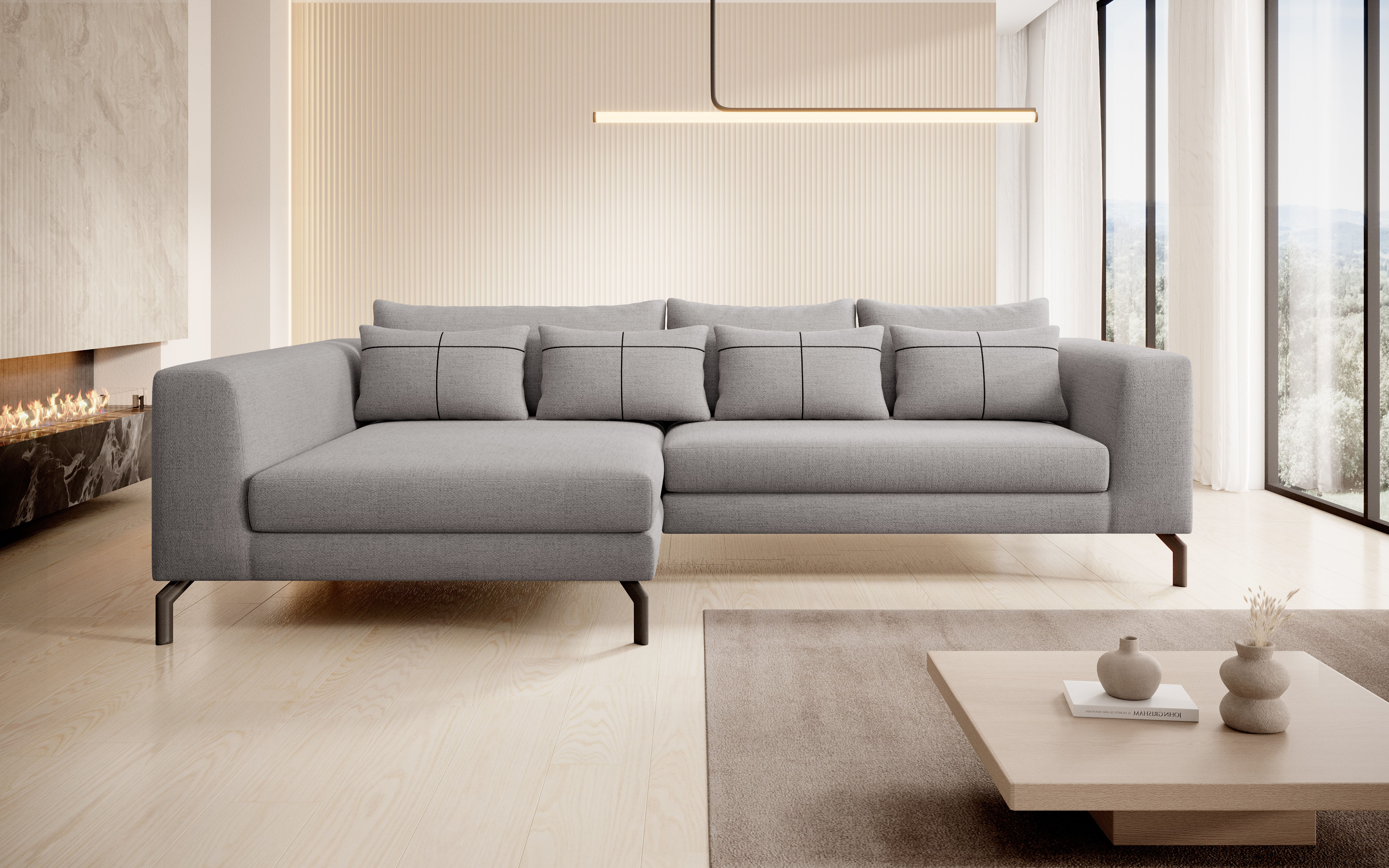 Home affaire Ecksofa "Cross, mit softem Sitz, L-Form, wendbare Zierkissen, Breite 284 cm" Couch mit vielen Kissen, stylische Kreuznaht, elegante Metallfüße