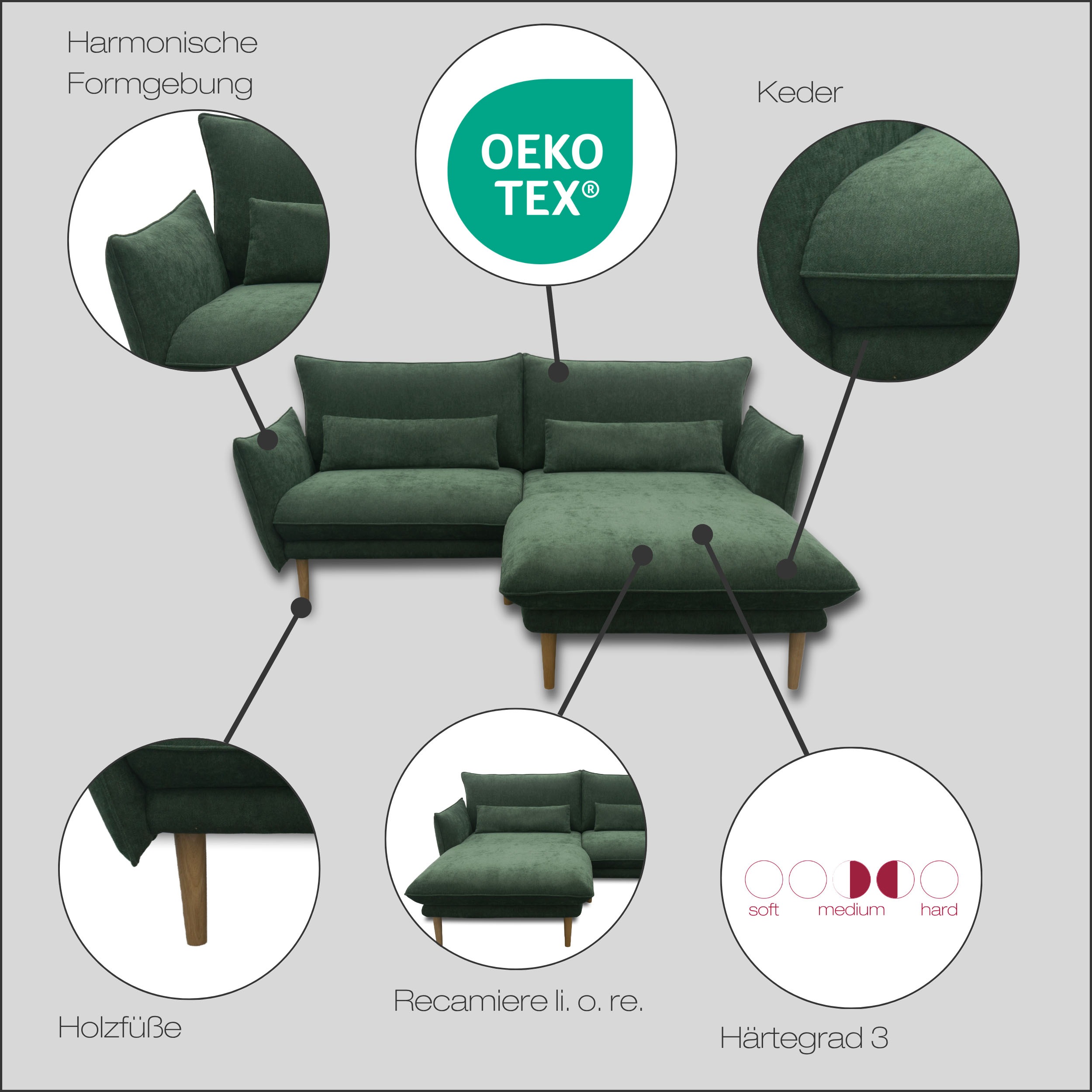 Thumbnail - DOMO collection Ecksofa "Leuven kompakte Stellmaße, Breite 200 cm, schmale Armlehnen, L-Form" angenehm feste Polsterung,...