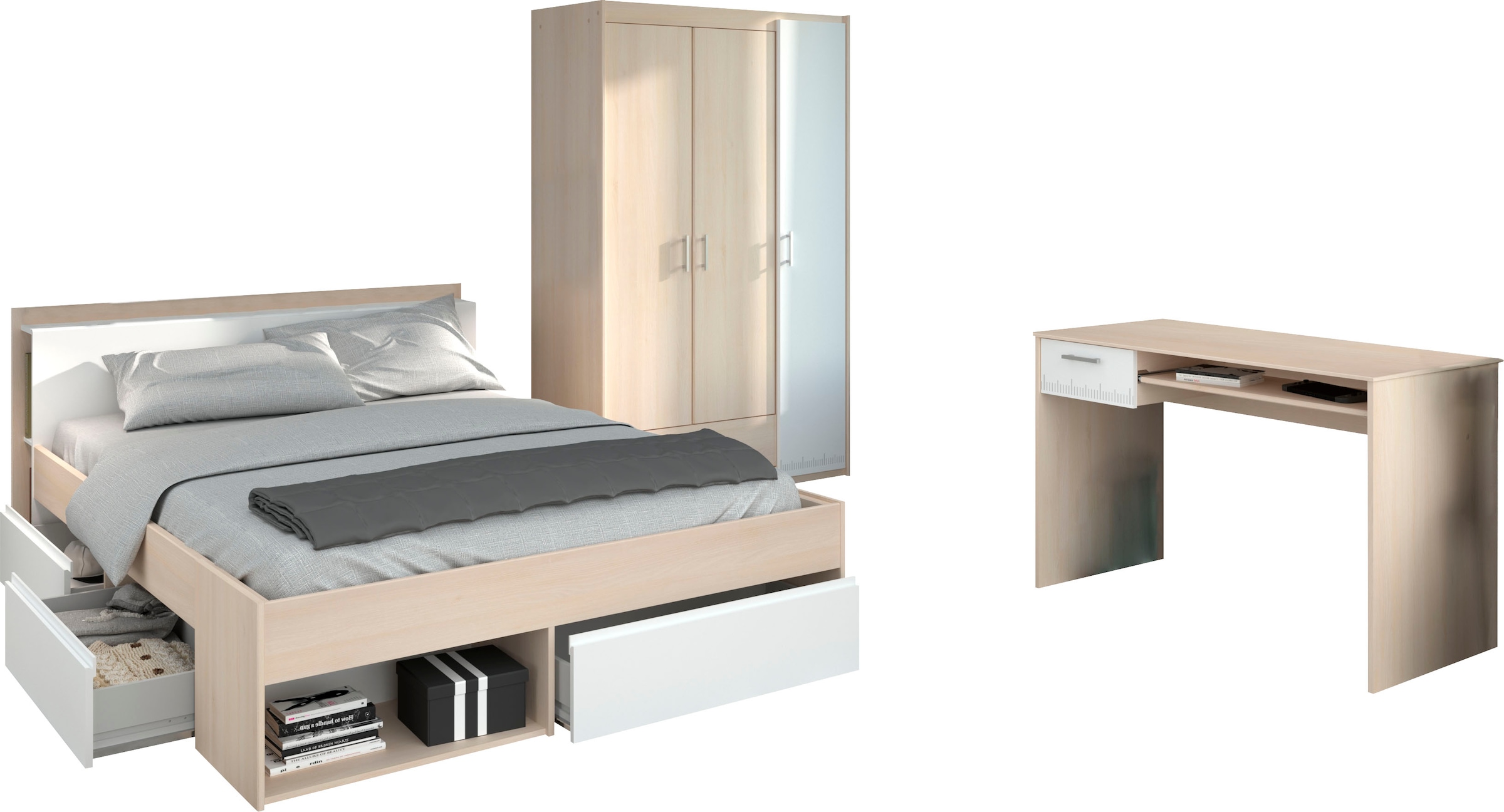 Parisot Jugendzimmer-Set »Most«, (Set, 3 St., Bett mit Schubkästen, Kleiderschrank und Schreibtisch)