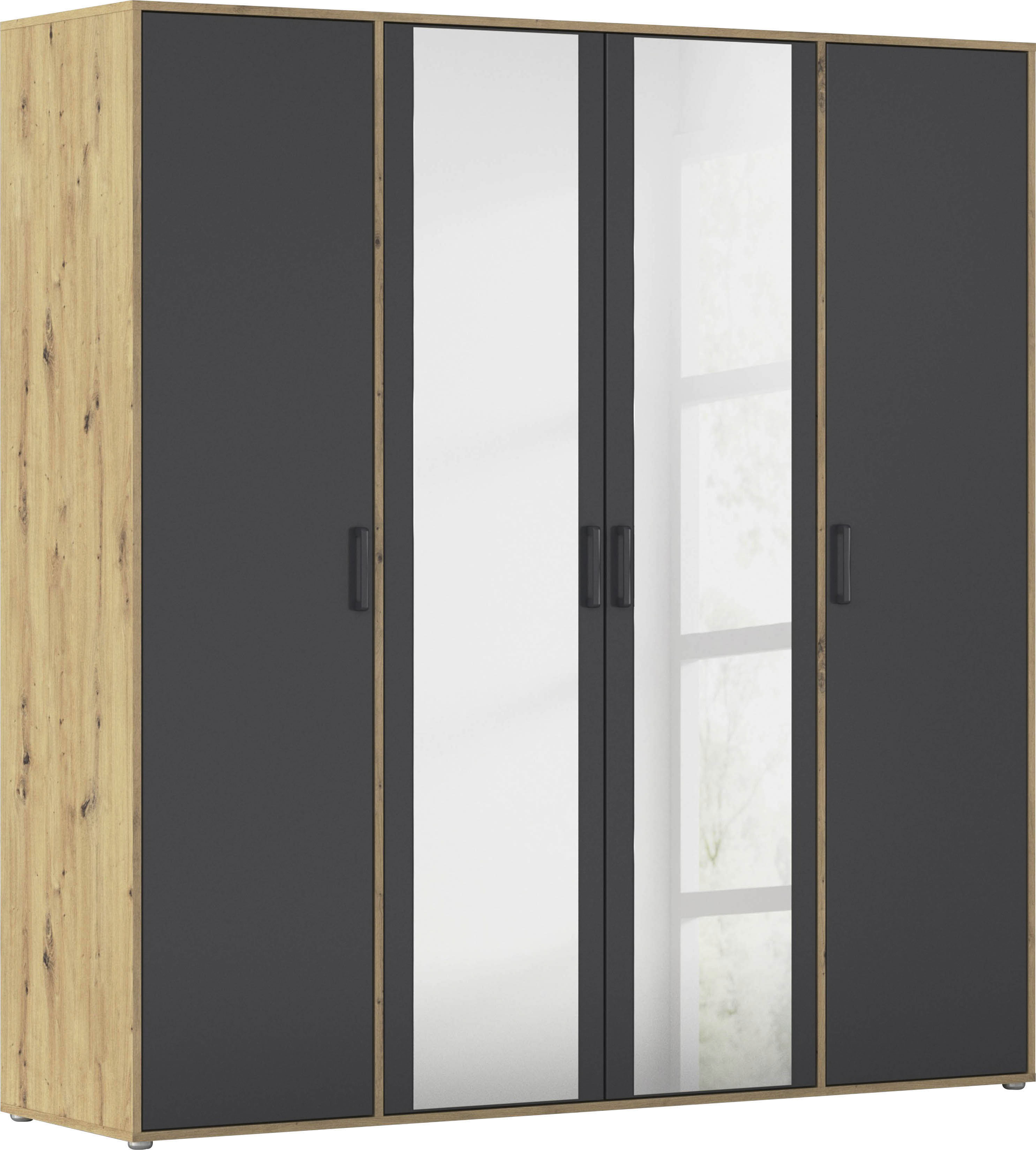 rauch "Kleiderschrank Schrank Garderobe Wäscheschrank VOYAGER" in 3 verschiedenen Ausstattungen BASIC/CLASSIC/PREMIUM, mit modernen Griffen in Graumetallic und Spiegel