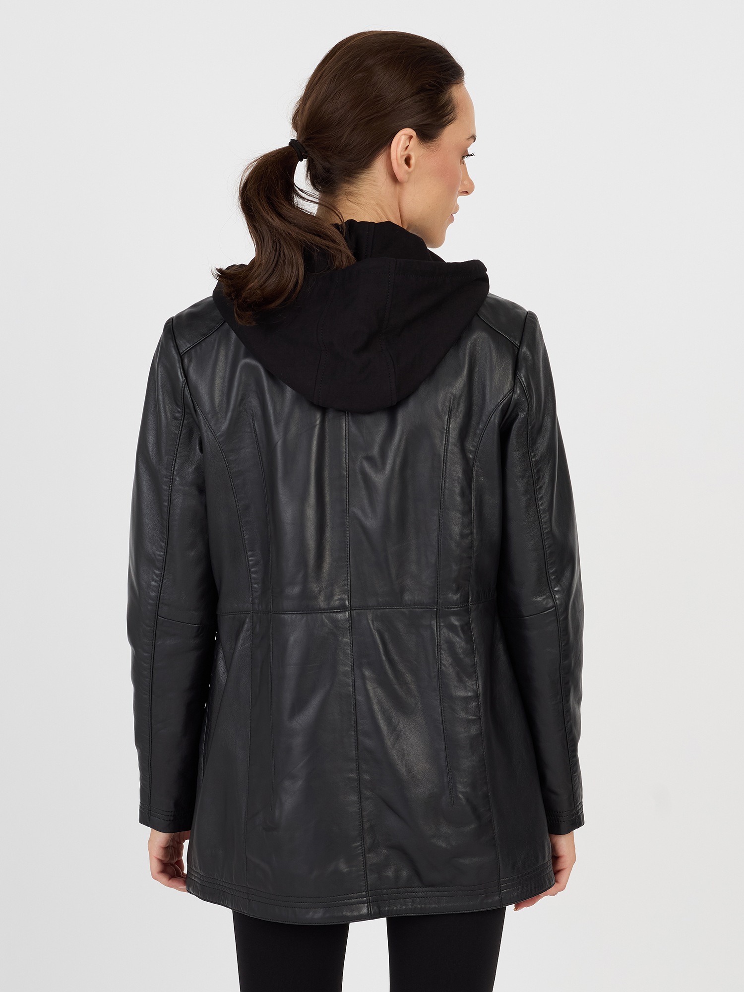 Lederjacke JCC "3102220", Damen, Gr. 44, schwarz, Oberstoff: 100% Leder; Innenfutter: 100% Polyester; Ärmelfutter: 100% Polyester; Kapuze: 100% Polyester, Jacken 3
