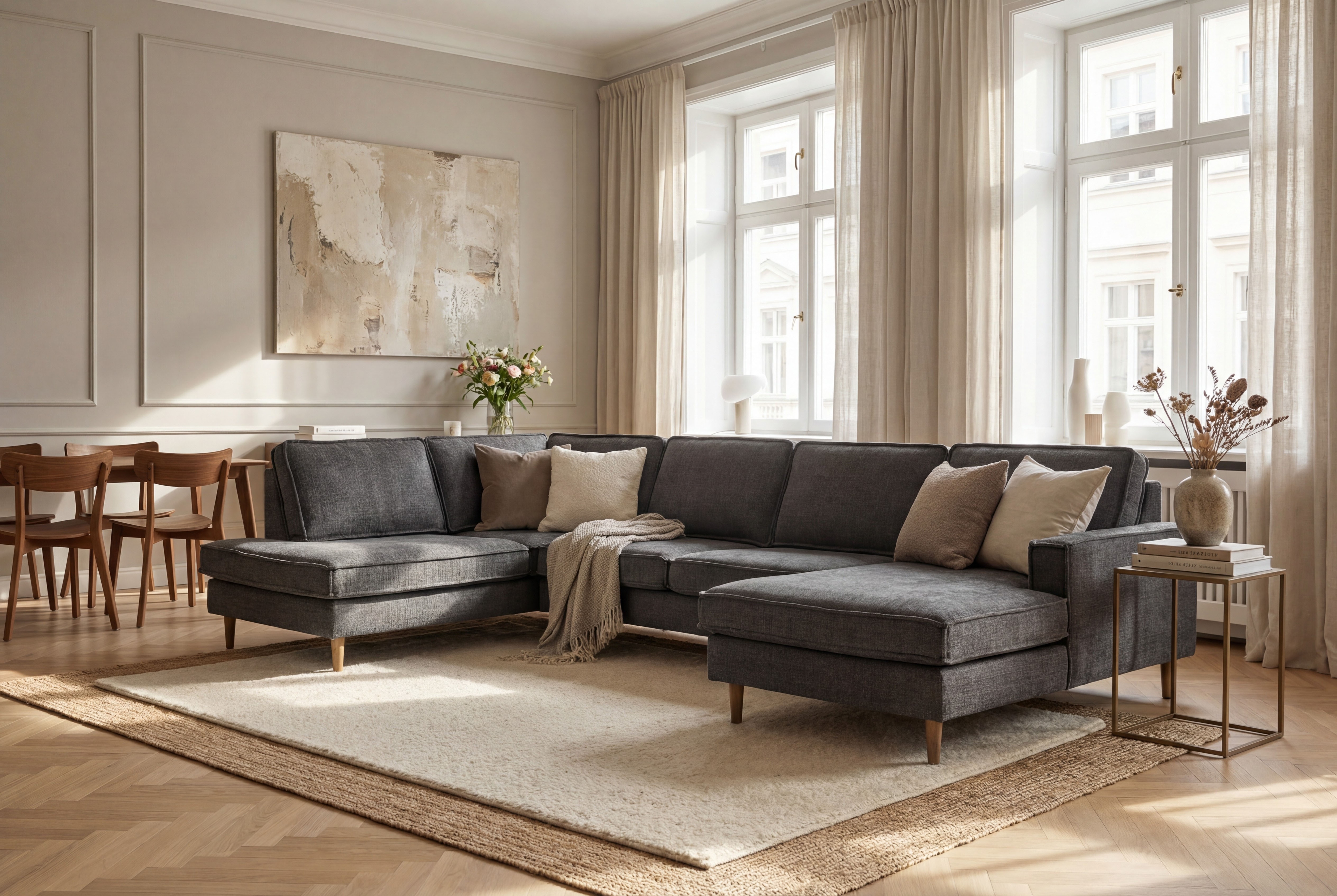 OTTO home Wohnlandschaft "Pinto Skandi, 350 cm, U-Form, XXL, mit Ottomanen" mit Keder, Massivholzfüße Eiche geräuchert, Wellenunterfederung