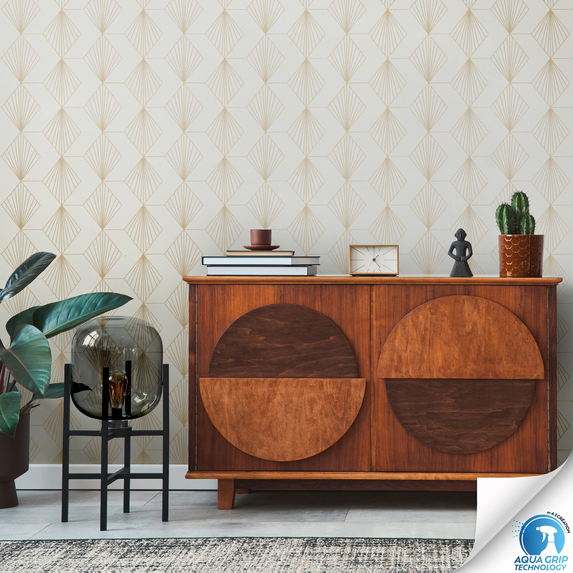 living walls Vliestapete "DesignDrop vorgeleimte Tapete Art Deco Design Creme Gold" matt strukturiert Vliestapete vorgekleistert grafisch für Schlafzimmer Wohnzimmer Küche