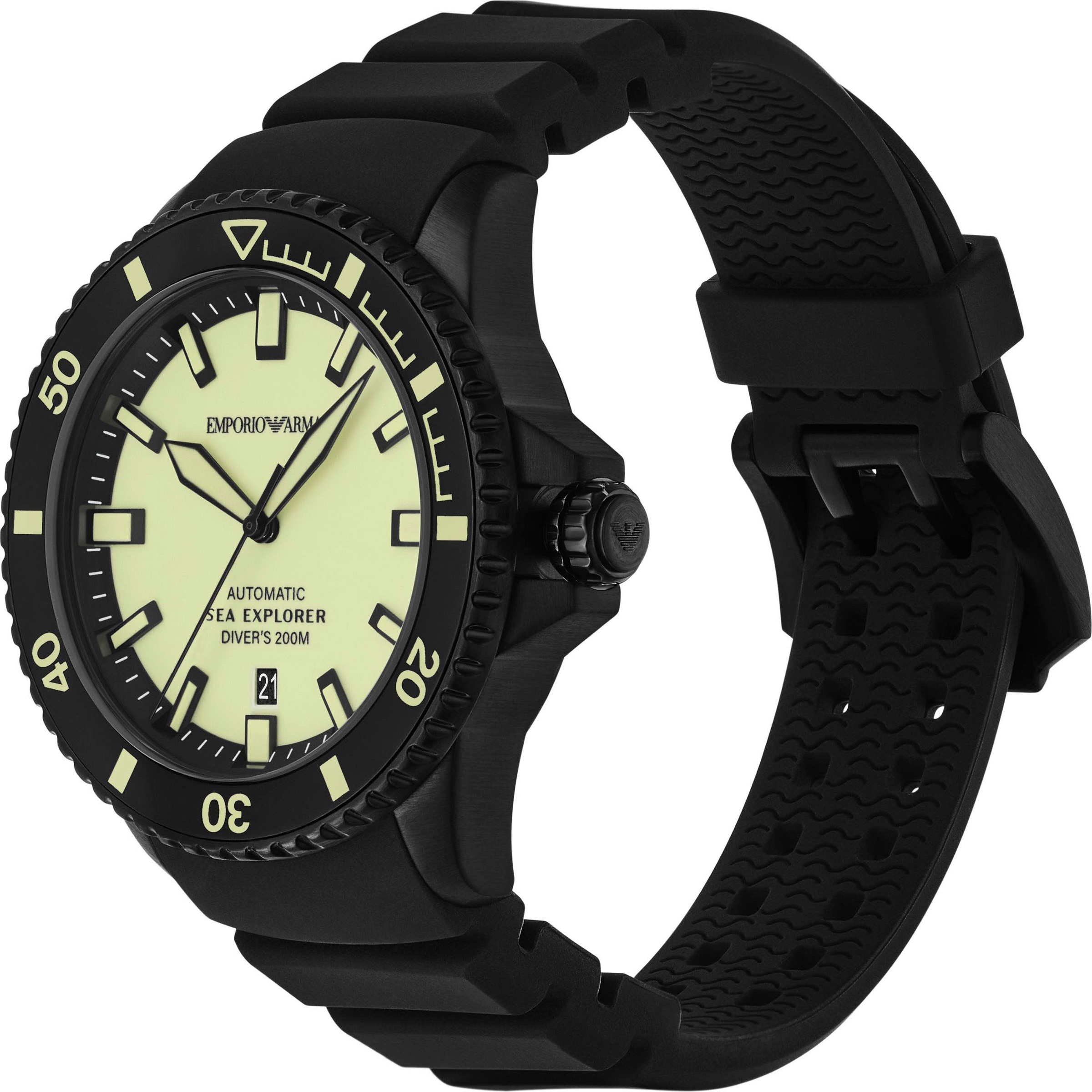 Emporio Armani Automatikuhr, Armbanduhr, Herrenuhr, Mechanische Uhr, Silikonarmband, analog, Tag