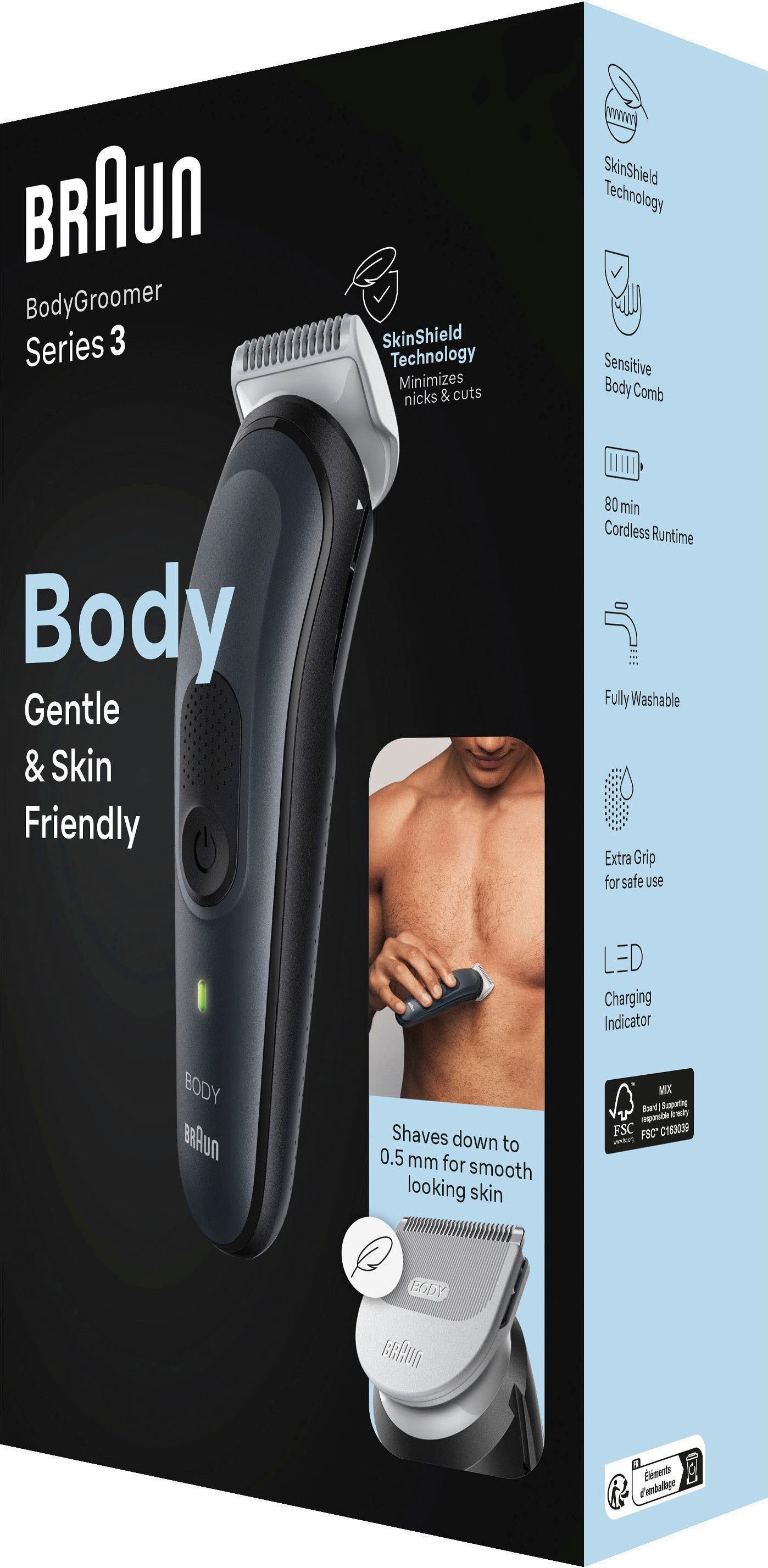 Braun Haarschneider »Bodygroomer BG3340«, Abwaschbar online SkinShield-Technologie, | kaufen 3 BAUR Aufsätze
