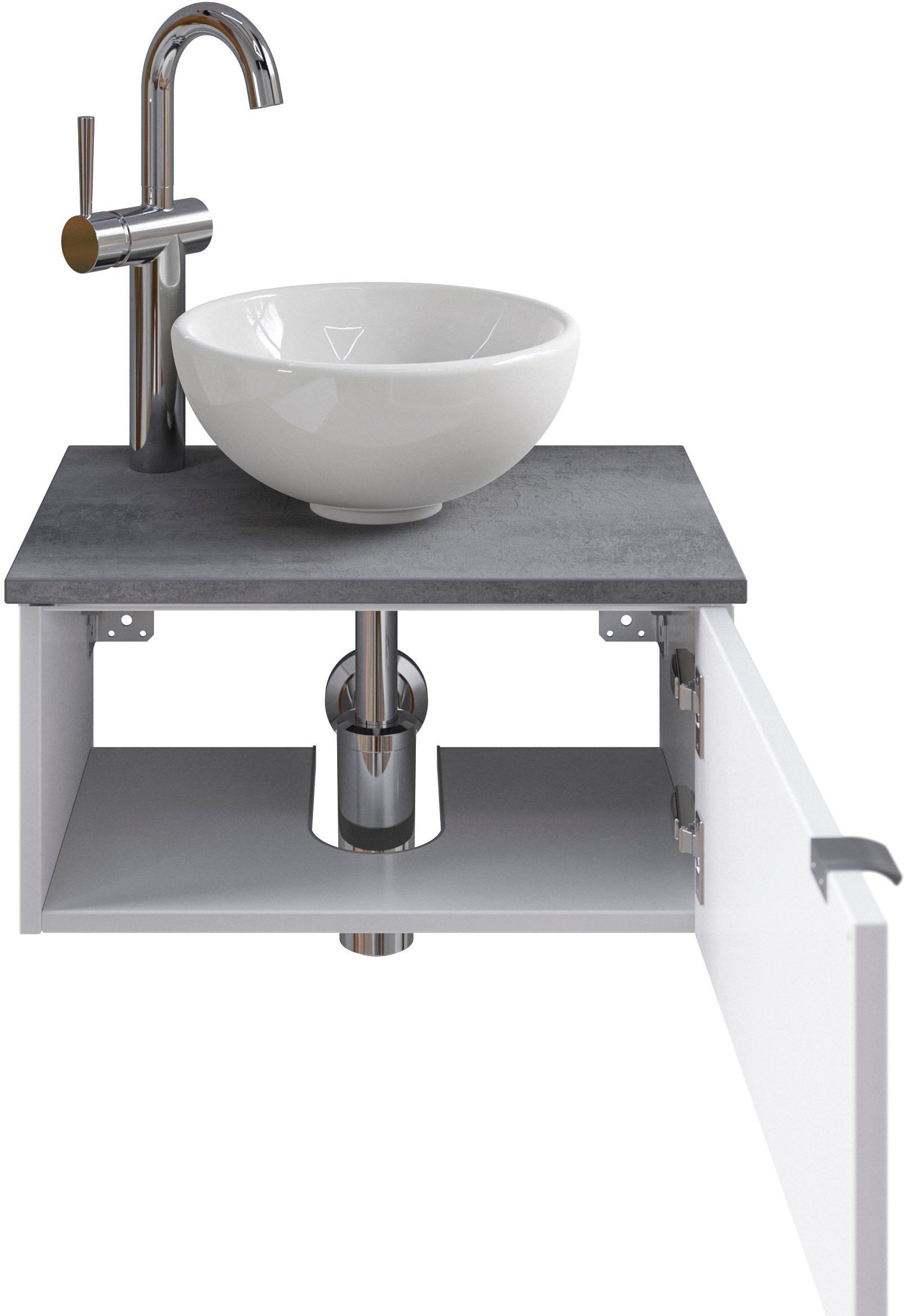 Saphir Waschtisch "Serie 6915 Waschschale mit Unterschrank für Gästebad, Gäste WC" Keramik-Aufsatzbecken, Waschtischplatte, Waschtischunterschrank, 3 Stk. tlg. 51 cm breit, 1 Tür, Waschtischplatte, kleine Bäder, ohne Armatur