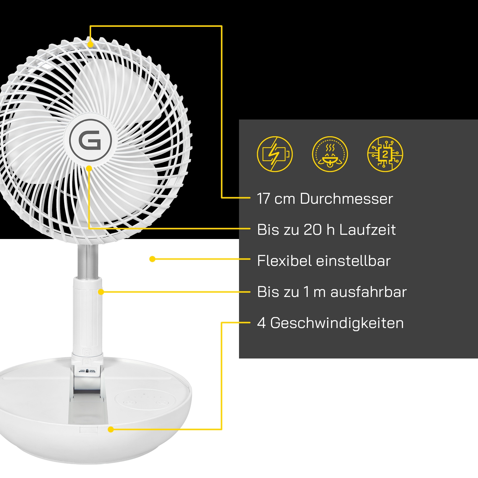 Gutfels Tischventilator »»VENTI 3030 R««, 17 cm Durchmesser, klappbar mit 4 Stufen, 20 Std. Akkulaufzeit, mit Powerback Funktion