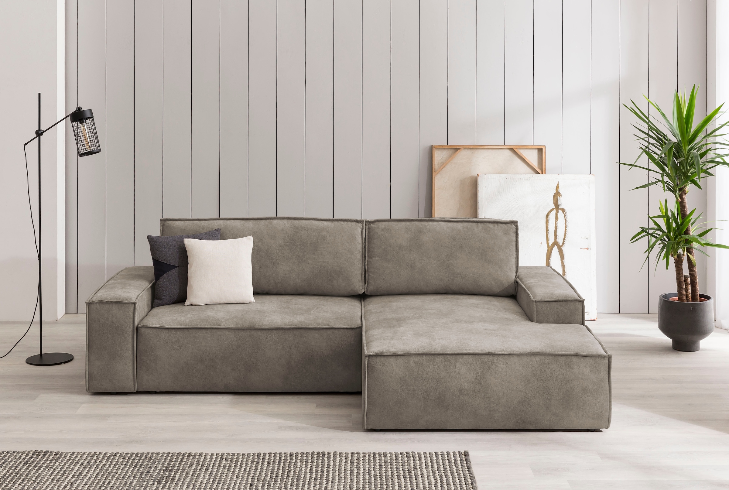 OTTO home Ecksofa "SHERWOOD Vintage Lederoptik L-Form, 267 cm" Schlaffunktion mit Bettkasten (210x136 cm), Cord, Vintage, Samtvelours