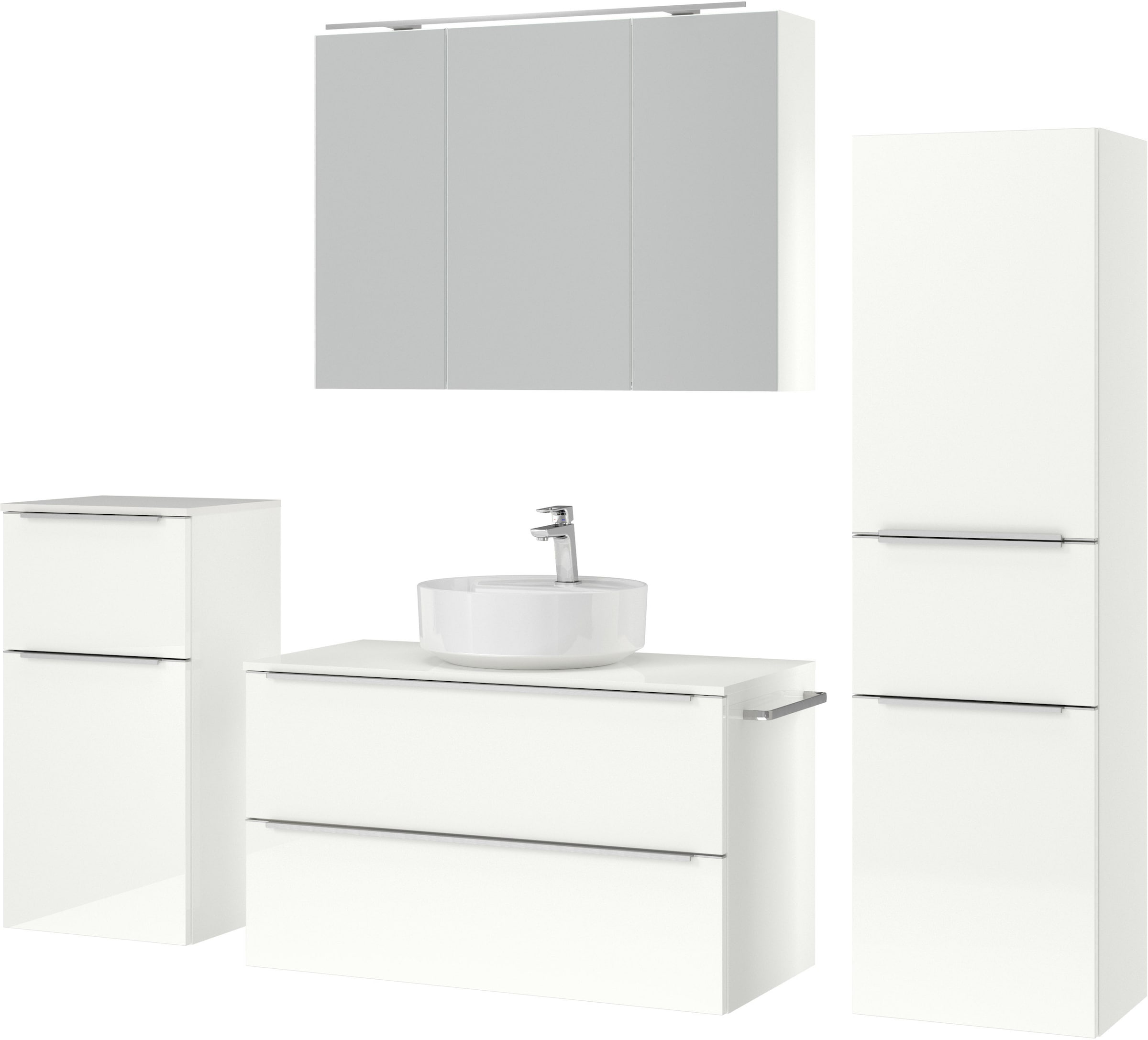 nobilia® Badmöbel-Set »Alvene«, (4 St., vormontiert, mit Soft-Close), inkl. Spiegelschrank mit Beleuchtung und Dimmerfunktion, in 4 Breiten