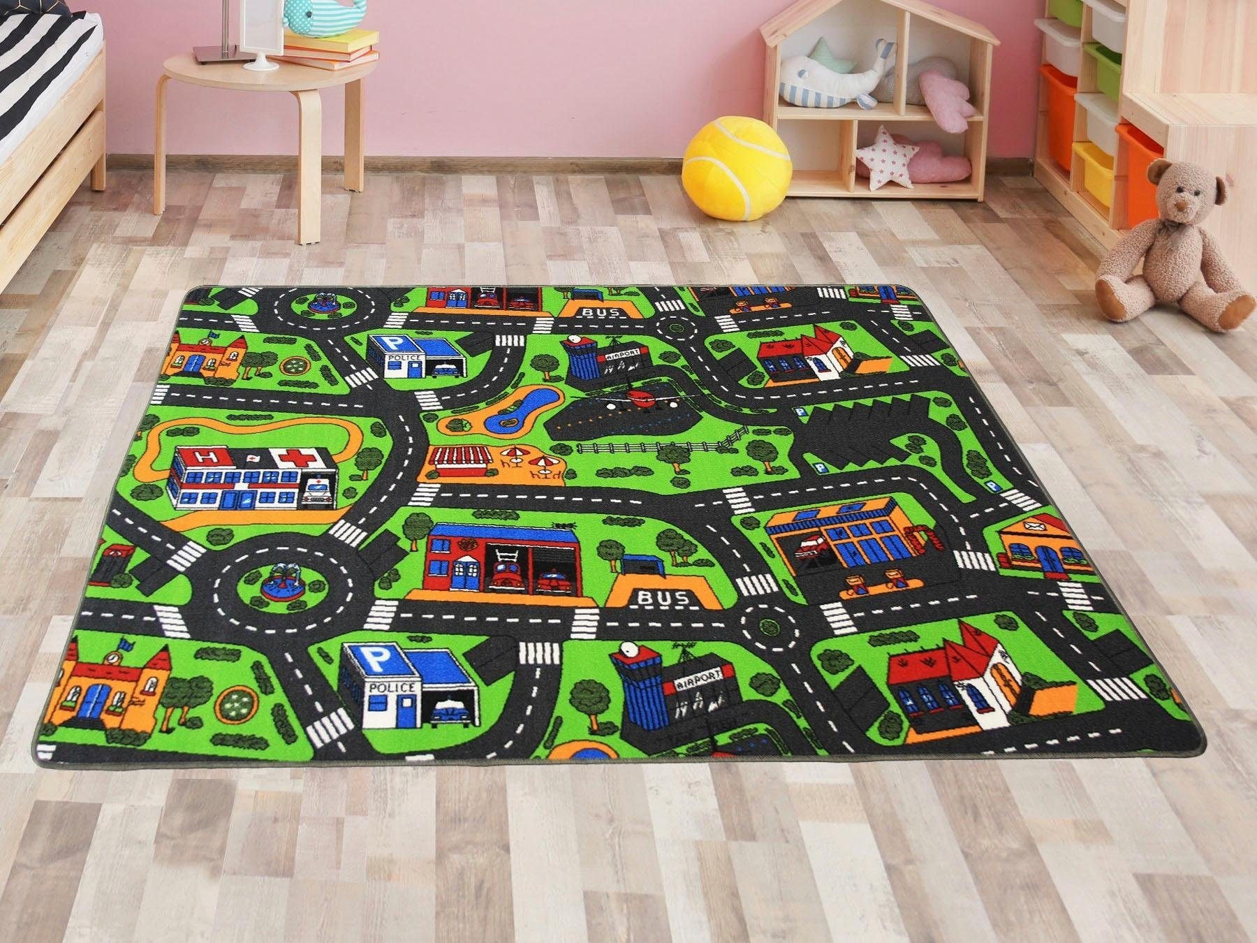 Primaflor-Ideen in Textil Kinderteppich »CITY, Made in Belgium«, rechteckig, 5 mm Höhe, Straßen-Spiel-Teppich, Straßenbreite ca. 9 cm, Kinderzimmer