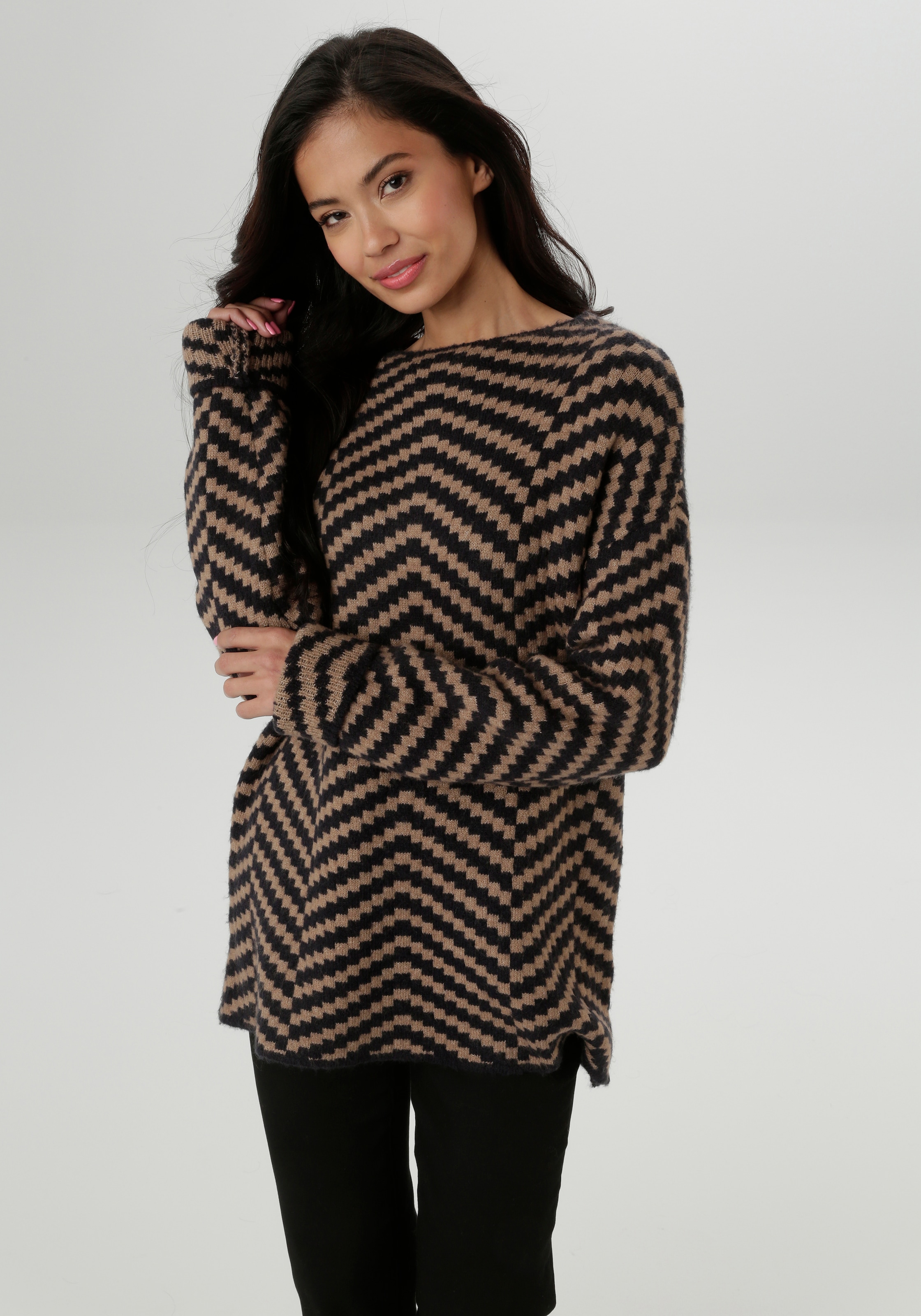 Aniston SELECTED Strickpullover, mit eingestrickter Zick-Zack-Allover-Muste günstig online kaufen