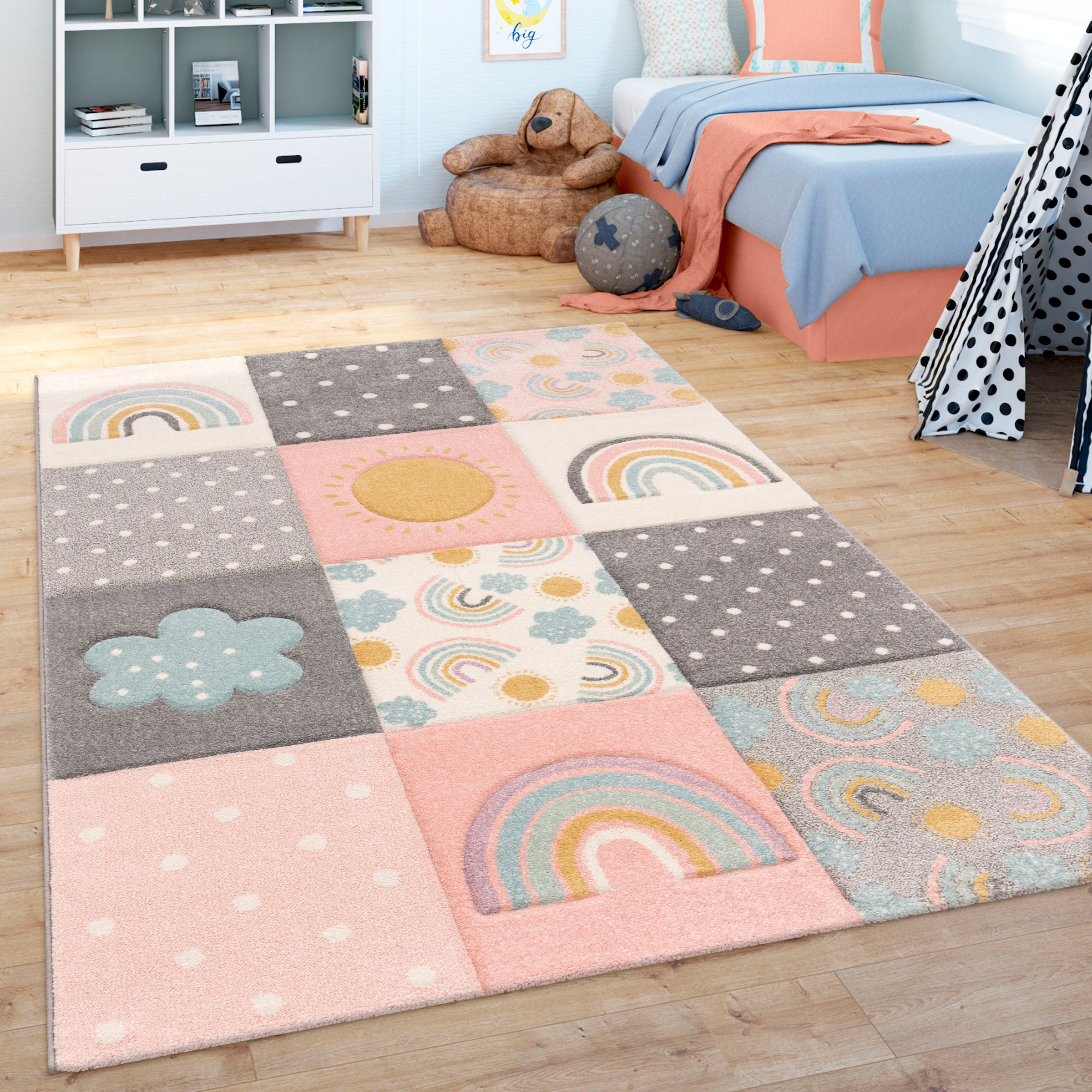 Paco Home Kinderteppich »Cosmo 962«, rechteckig, 3D-Design, Patchwork-Muster, Motiv Regenbogen & Punkte, Pastell-Farben