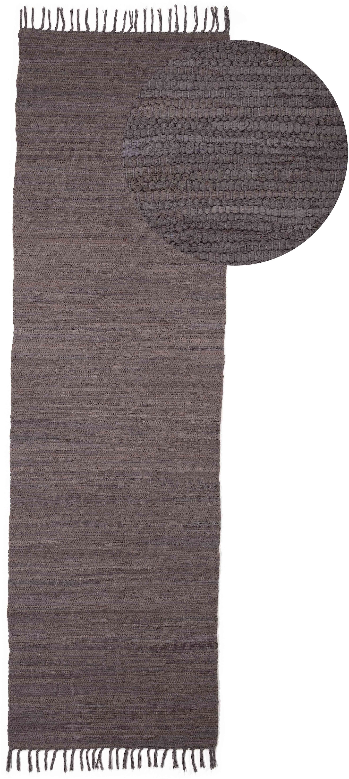 Teppich CARPETFINE "Kelim Chindi uni, auch als Läufer", grau, B:70cm H:5mm L:200cm, Baumwolle, Teppiche, Teppich, Wendeteppich, reine Baumwolle, handgewebt, Uni-Farben, mit Fransen