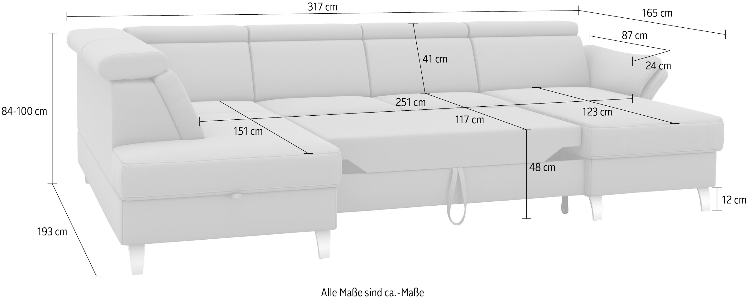 sit&more Wohnlandschaft »Vincenzo U-Form«, inklusive Kopfteilverstellung, wahlweise mit Bettfunktion, Bettkasten