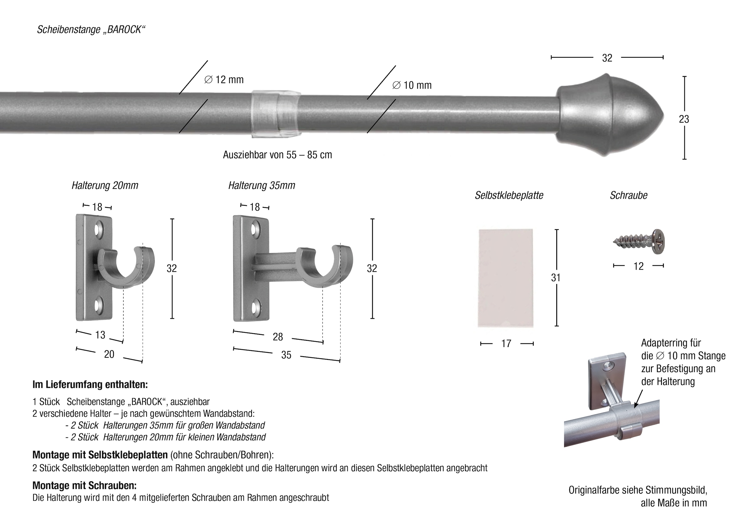 GARESA Scheibenstange »BAROCK«, 1 läufig-läufig, ausziehbar, Montage zum Schrauben oder klemmen, ausziehbar