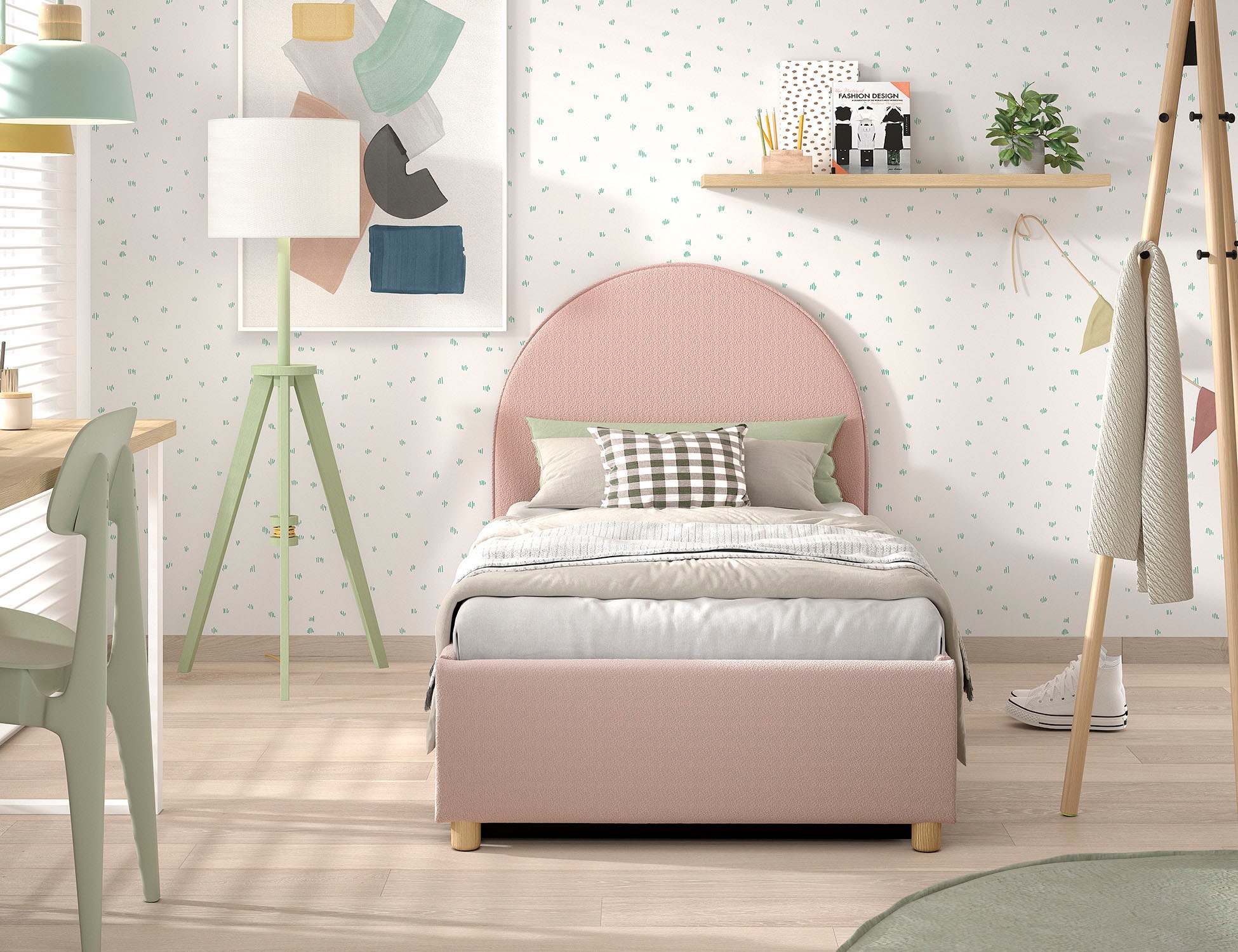 Vipack Boxbett »Moon, mit Lattenrost und Stauraum, modernes Design«, (gerundetes Kopfteil und in 2 Breiten erhältlich), inkl. Massivholz Füßen in natur, 3 Stoff Farben zur Auswahl