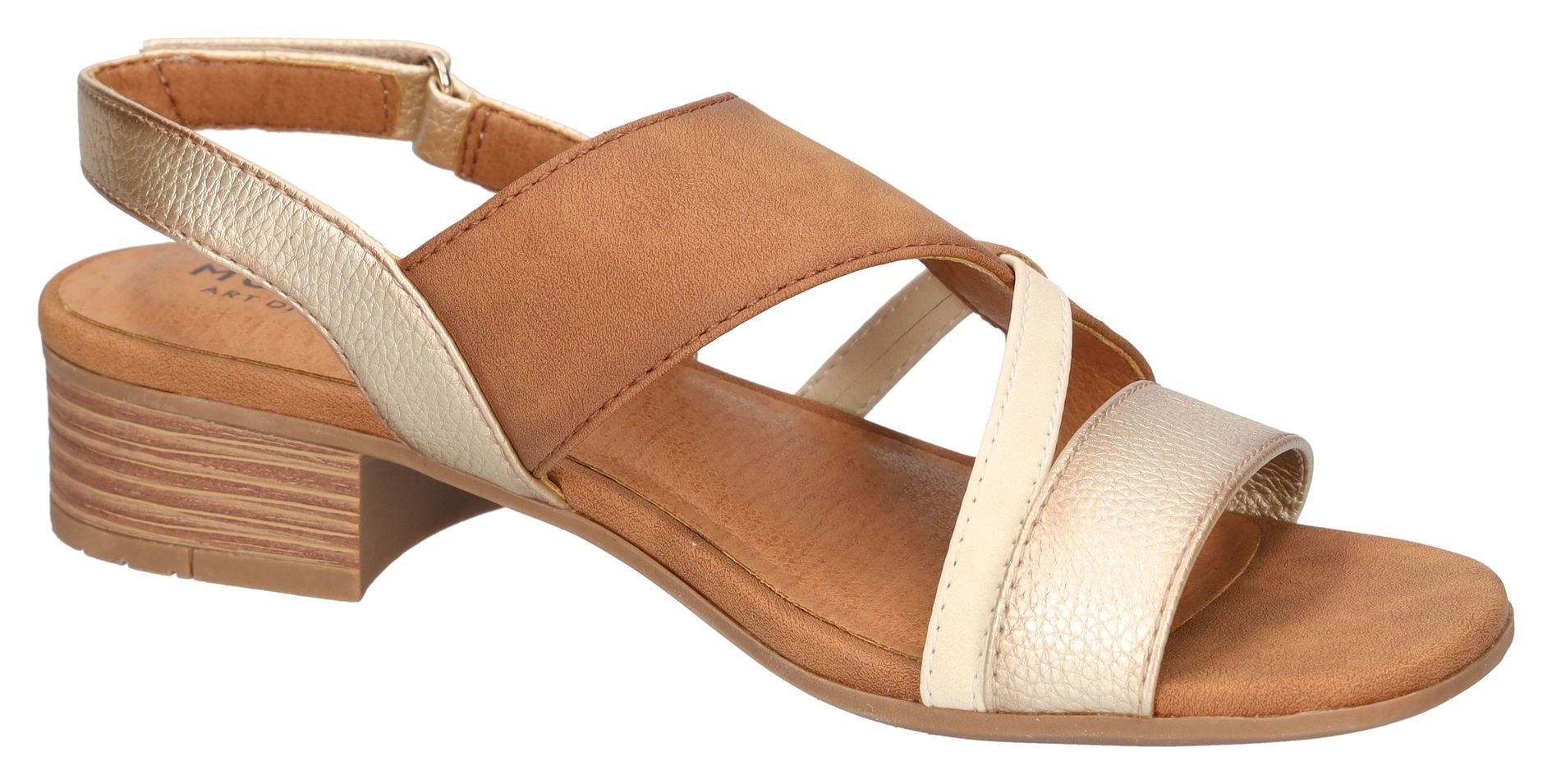 Sandalette MUSTANG SHOES, Damen, Gr. 42, gold (cognacfarben, goldfarben), Lederimitat, metallic, Schuhe Sandalette, Sandalette, Festtagsschuh mit Metallic-Einsätzen 3