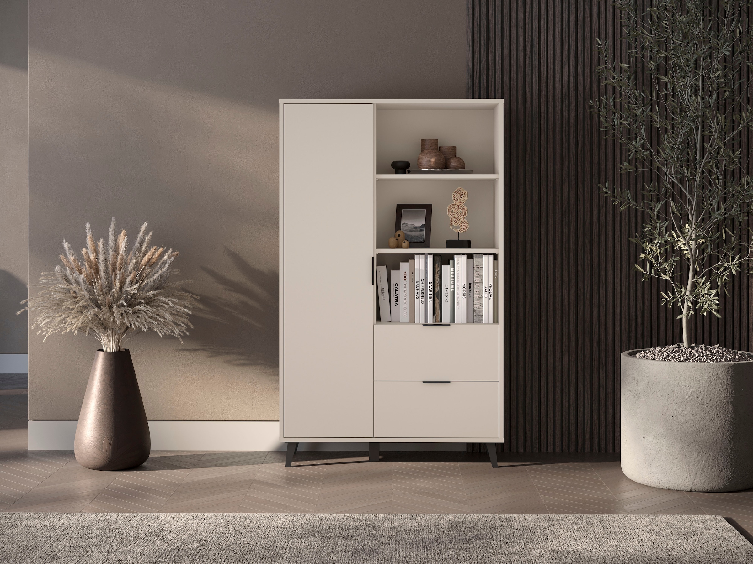OTTO home Highboard »Oslo, B/H/T: 85/140/33 cm« 1 Stk. tlg. Schublade, höhenverstellbare Einlegeböden, schwarze Metallgriffe