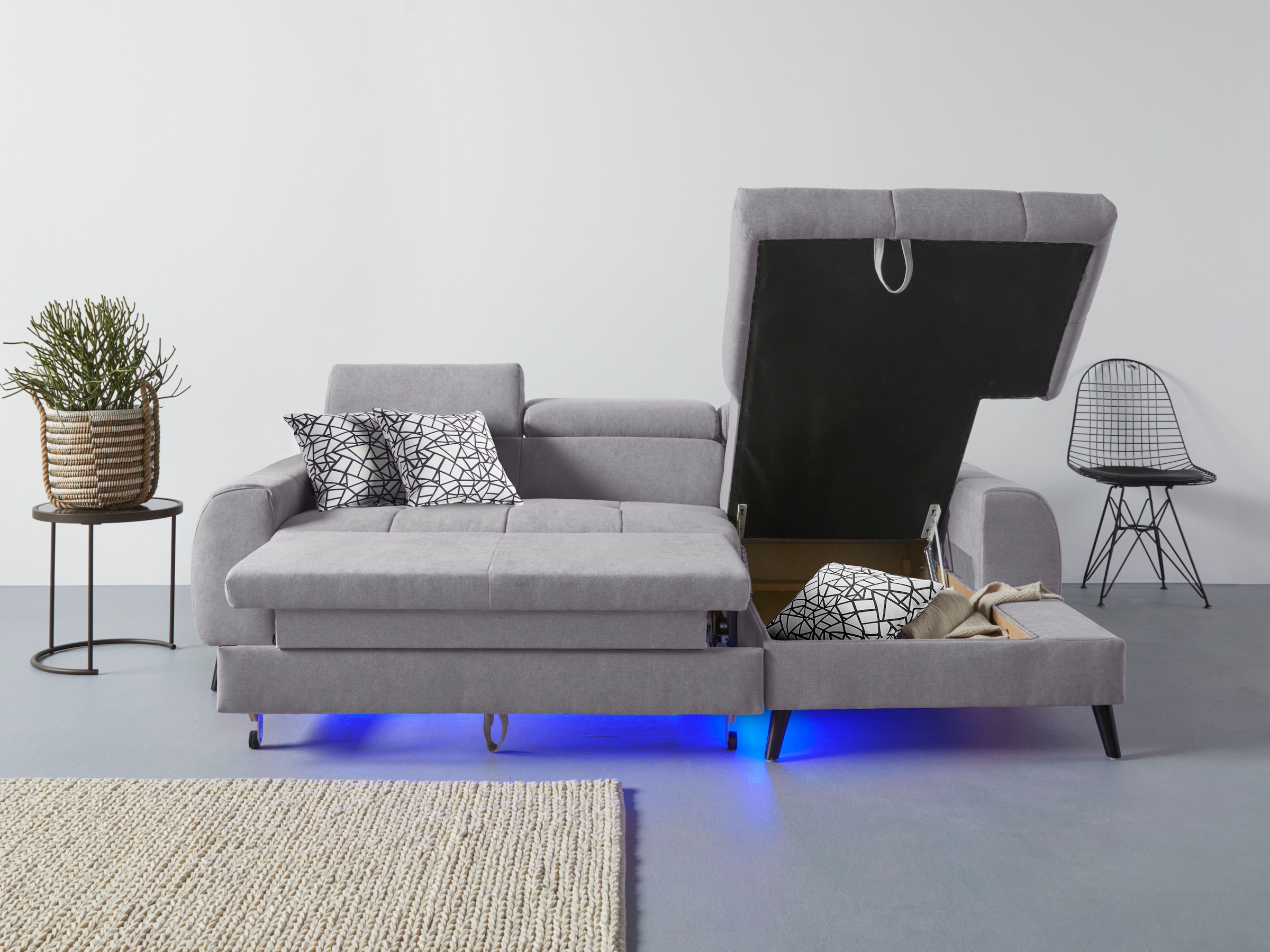 COTTA Ecksofa »Mia L-Form mit 3 Zierkissen«, wahlweise mit Bettfunktion, Bettkasten, Beleuchtung & Wireless-Charger