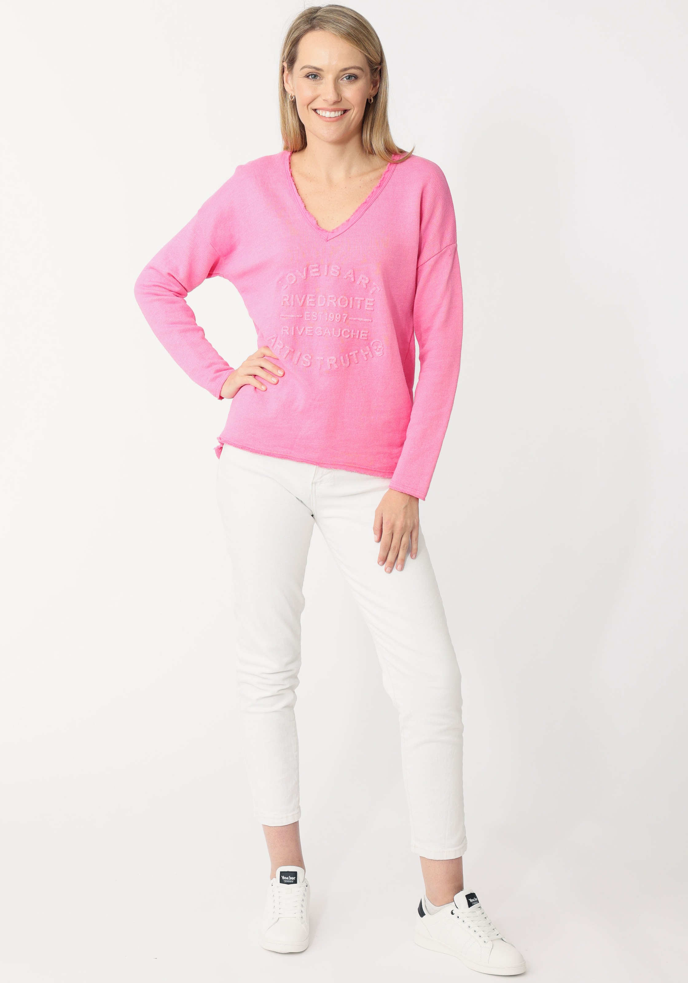 Thumbnail - Zwillingsherz Sweatshirt, ausgefranster V-Ausschnitt, Vintage Look, Langarm