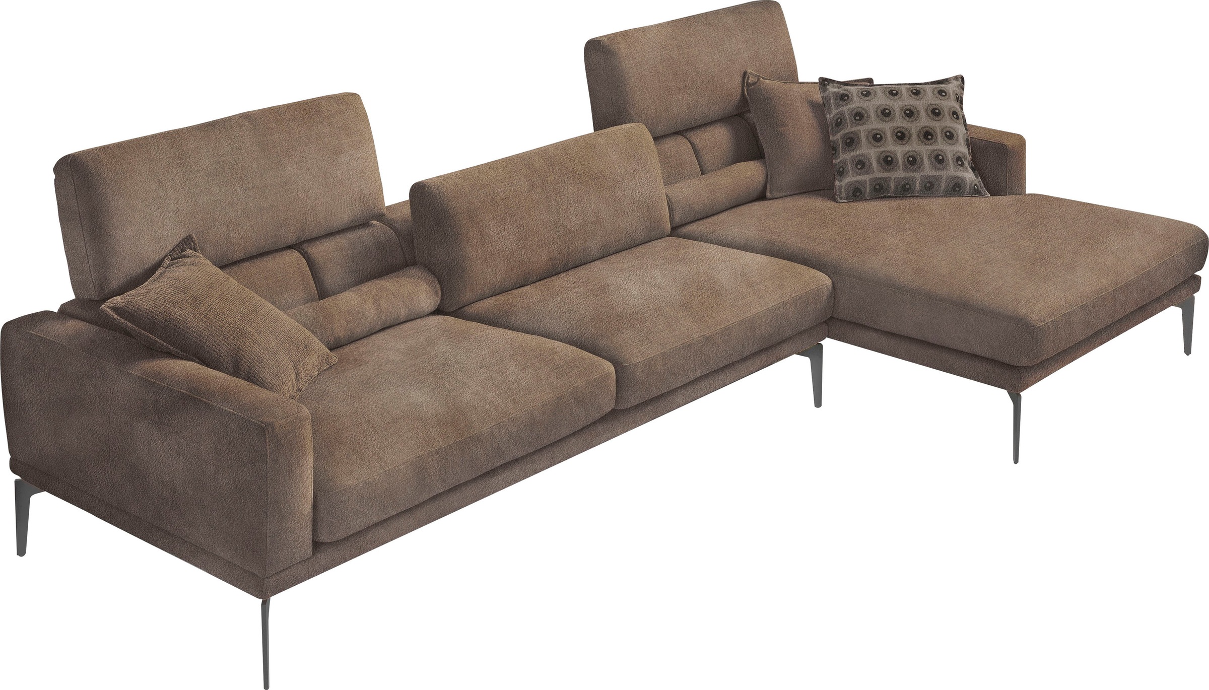 Egoitaliano Ecksofa "Masu, Design trifft sensationellen Sitzkomfort, Breite 277cm, L-Form" inkl. 2 Kissenrollen, Rückenelemente manuell verstellbar, Metallfüße