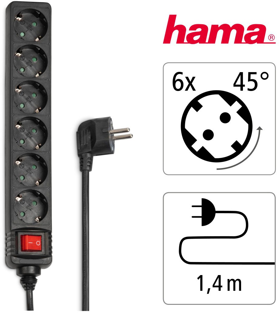 Hama Steckdosenleiste »Mehrfachsteckdosenleiste 6-fach mit Schalter, Kabellänge 1,4 m«, 6-fach, (Kabellänge 1,4 m)