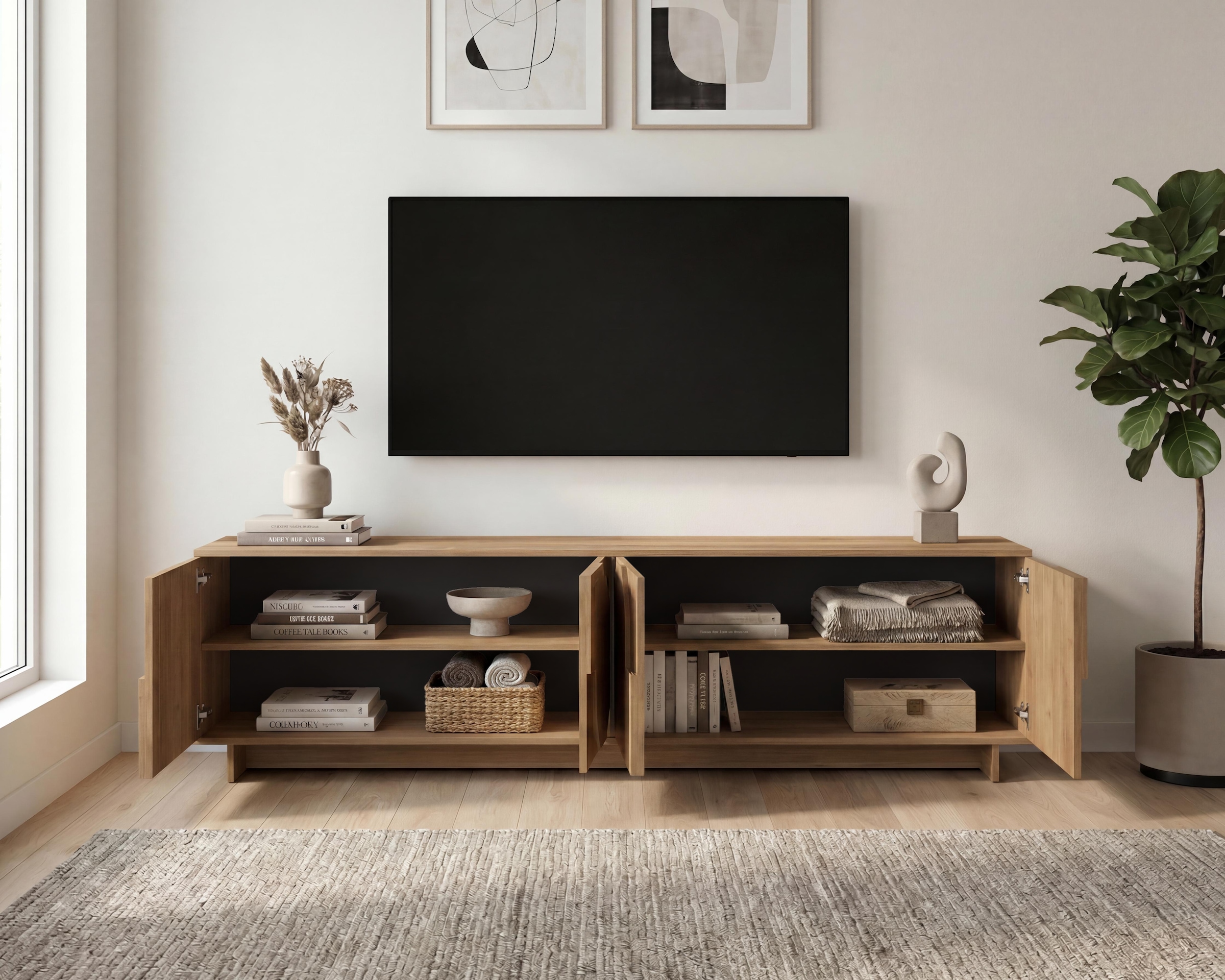 Home affaire Lowboard »Zen, 205 cm breit, 4 Türen, Mediaboard, TV-Schrank, TV-Board« Push-to-open, 3D-Fronten, Mercure-Holzstruktur, viel Stauraum