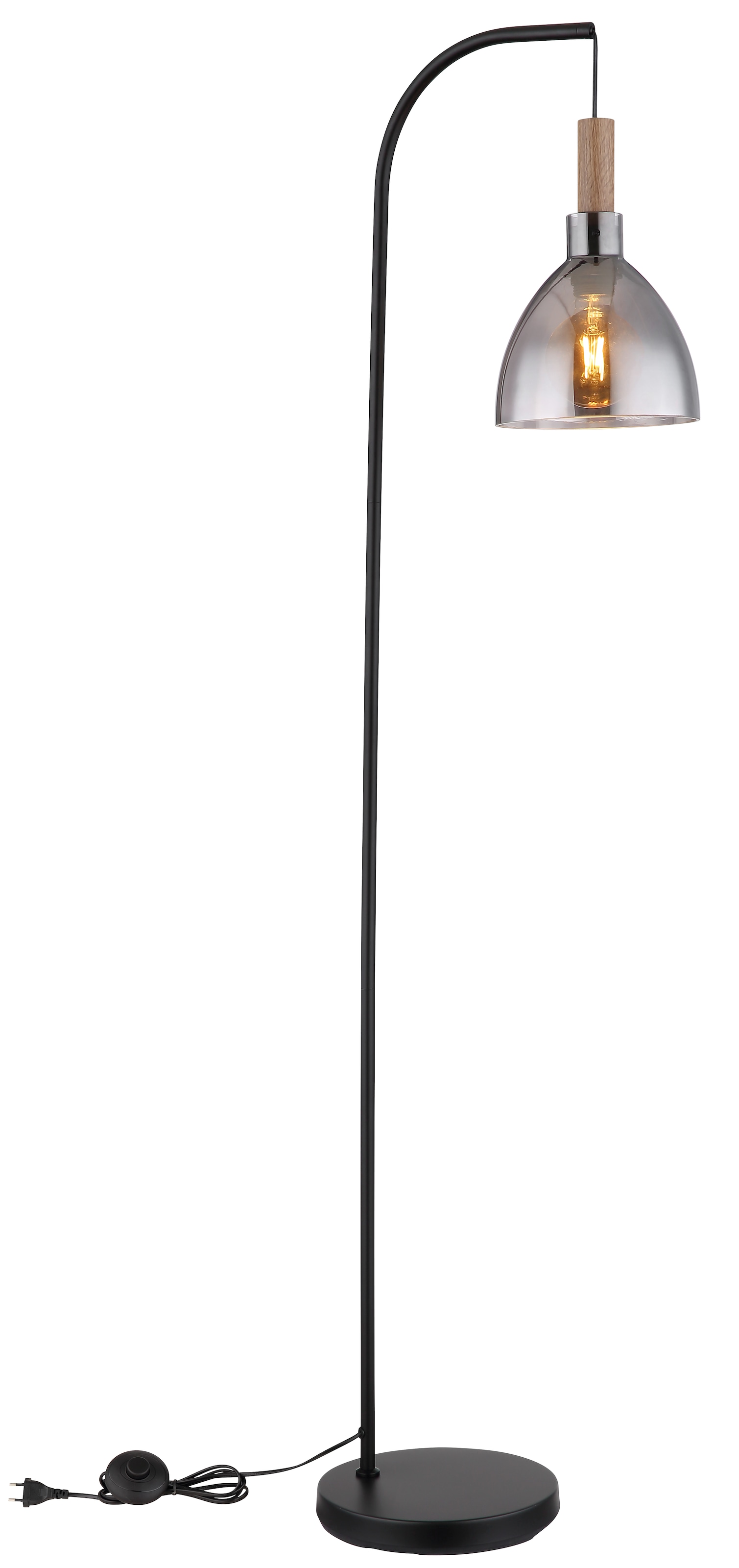 GLOBO LIGHTING Stehlampe »MATTEA« E27 1 Stk. Schwarze Stehleuchte mit rauchfarbenem Glas und Holzoptik