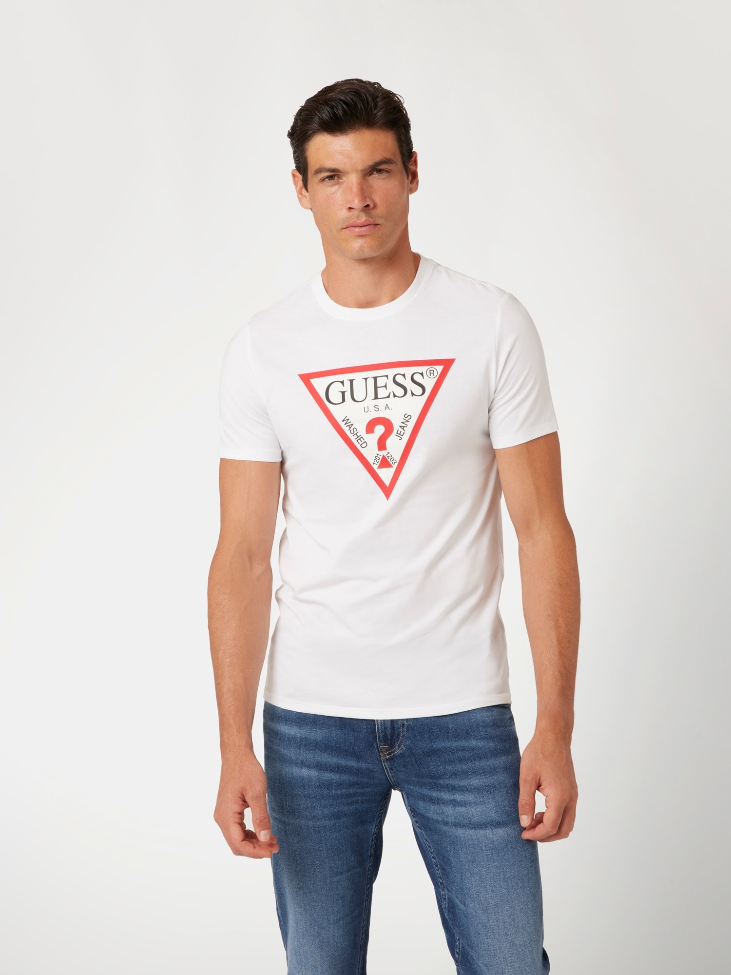Guess T-Shirt »ORIGINAL LOGO« Rundhalsausschnitt, Slim Fit, reine Baumwolle